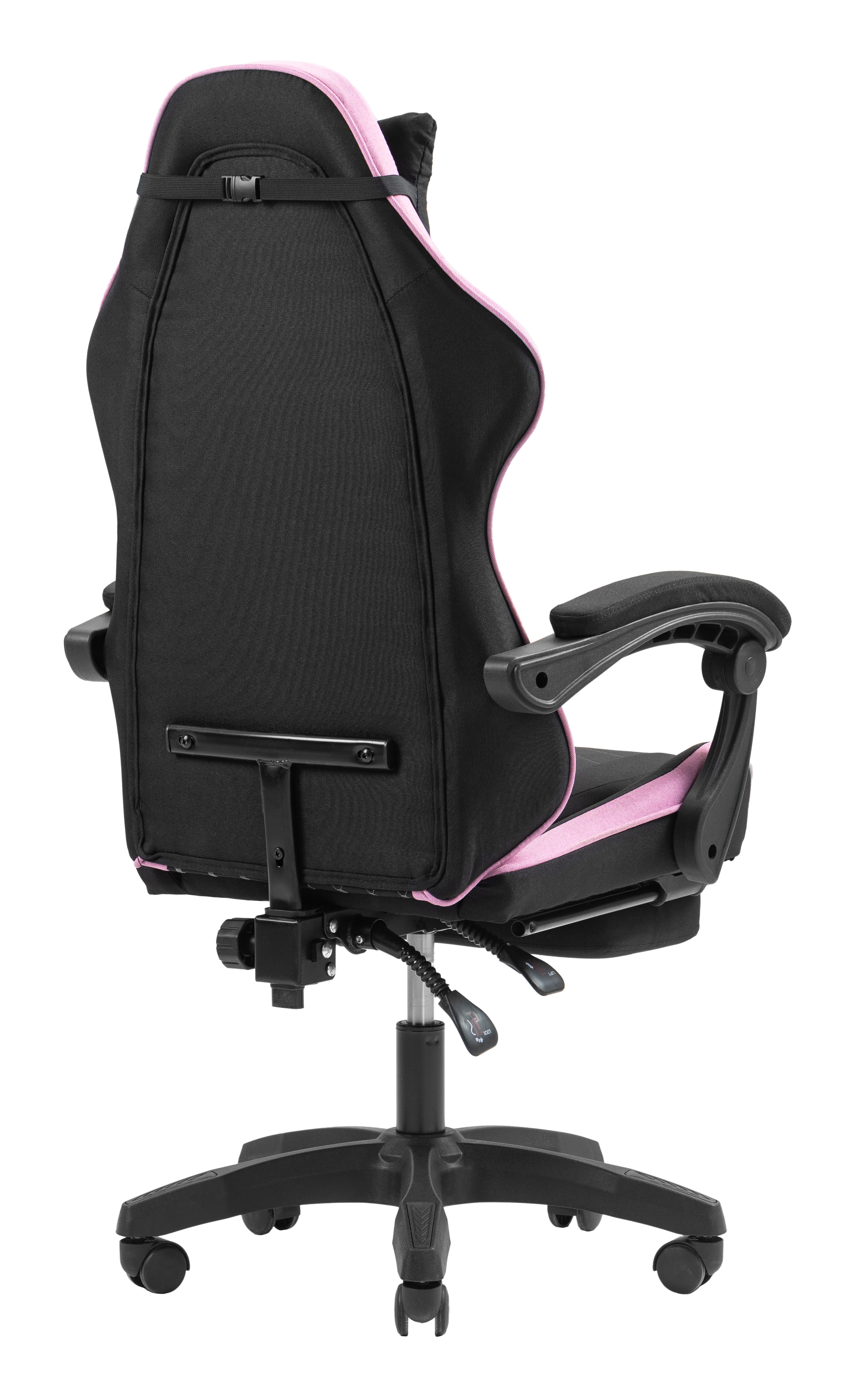 Silla gamer negra con detalles rosas, vista desde atrás, con ruedas.