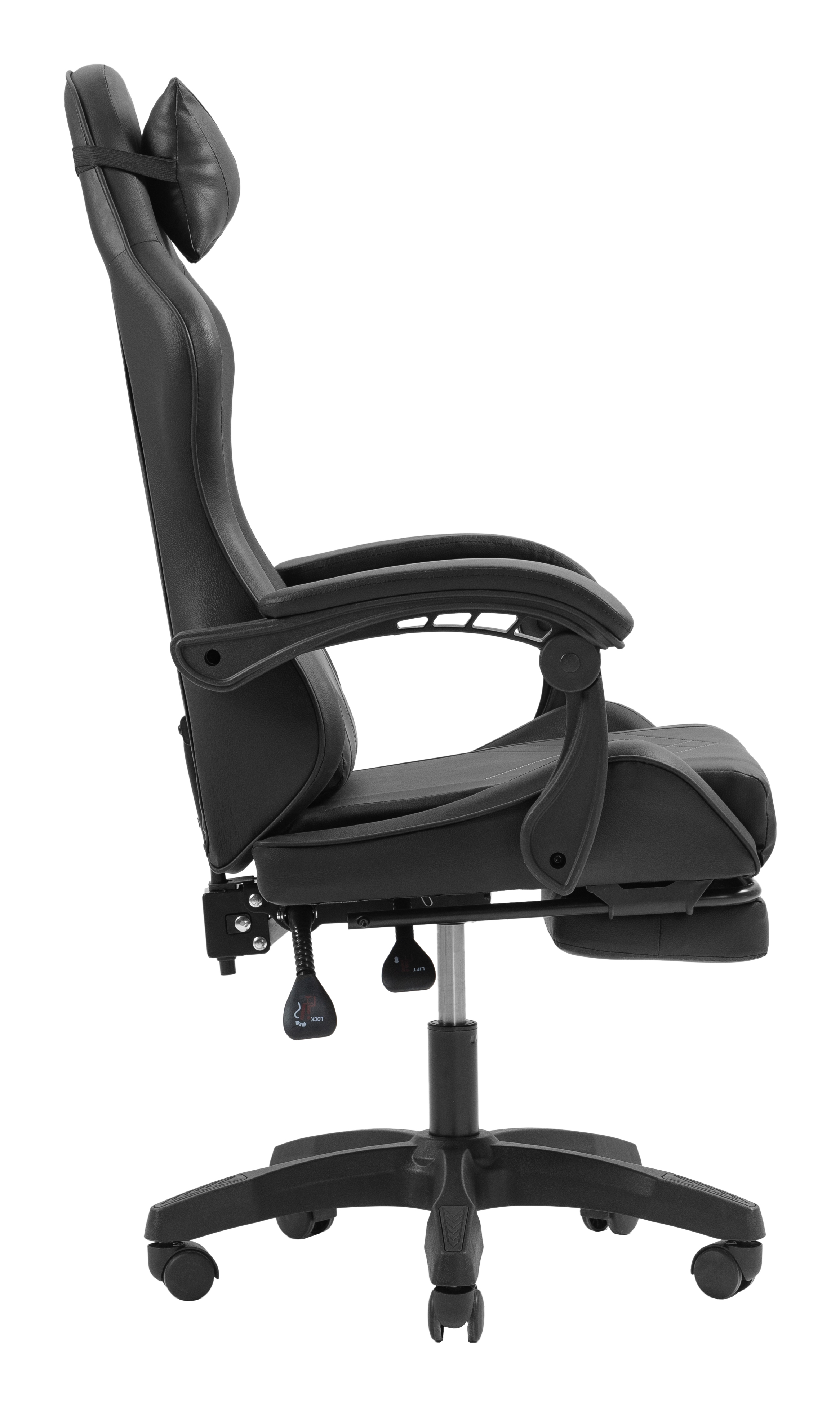 Czarny ergonomiczny fotel biurowy z regulowanym zagłówkiem i podnóżkiem.