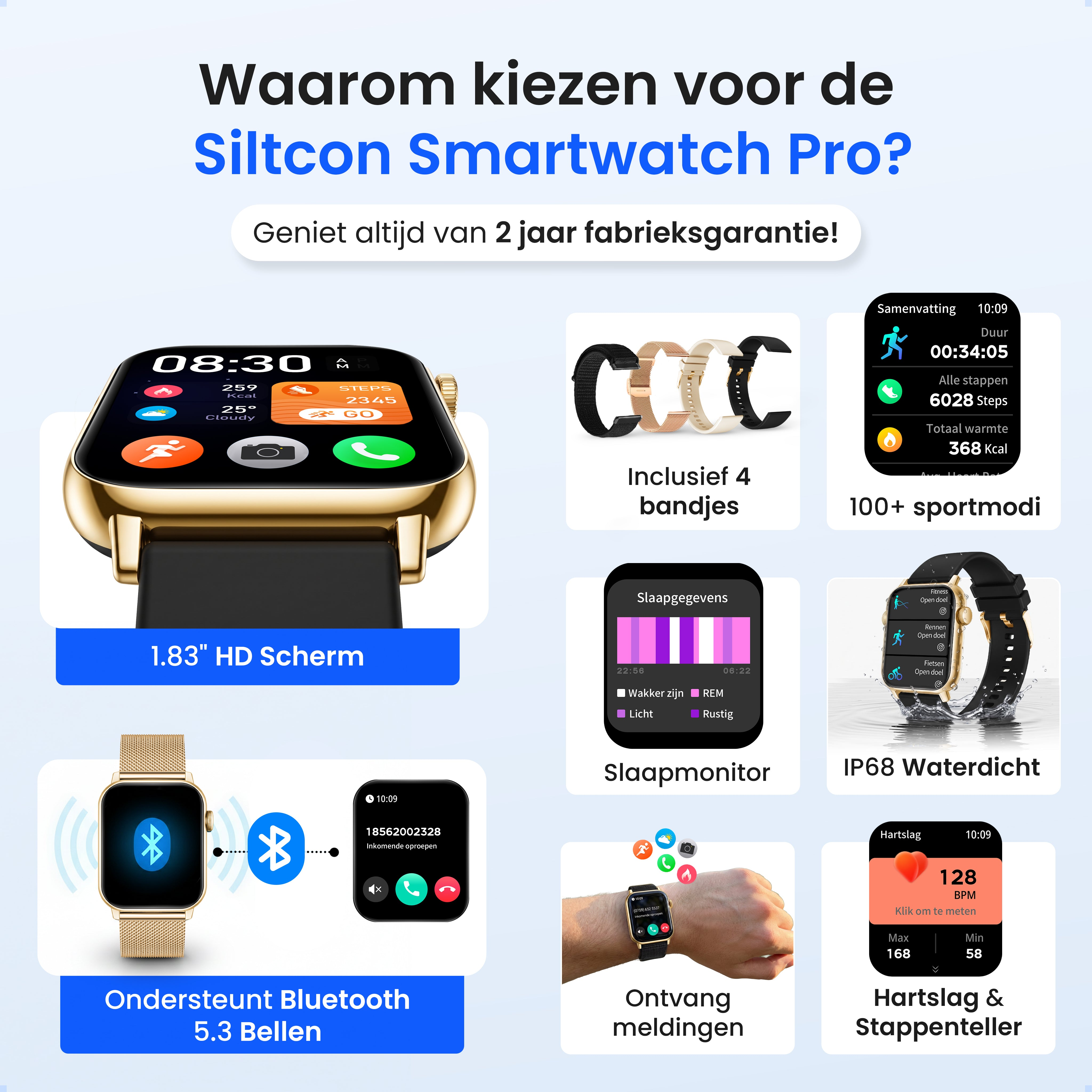 Gold smartwatch with various watch faces and bands, activity stats, sleep data, and IP68 rating.