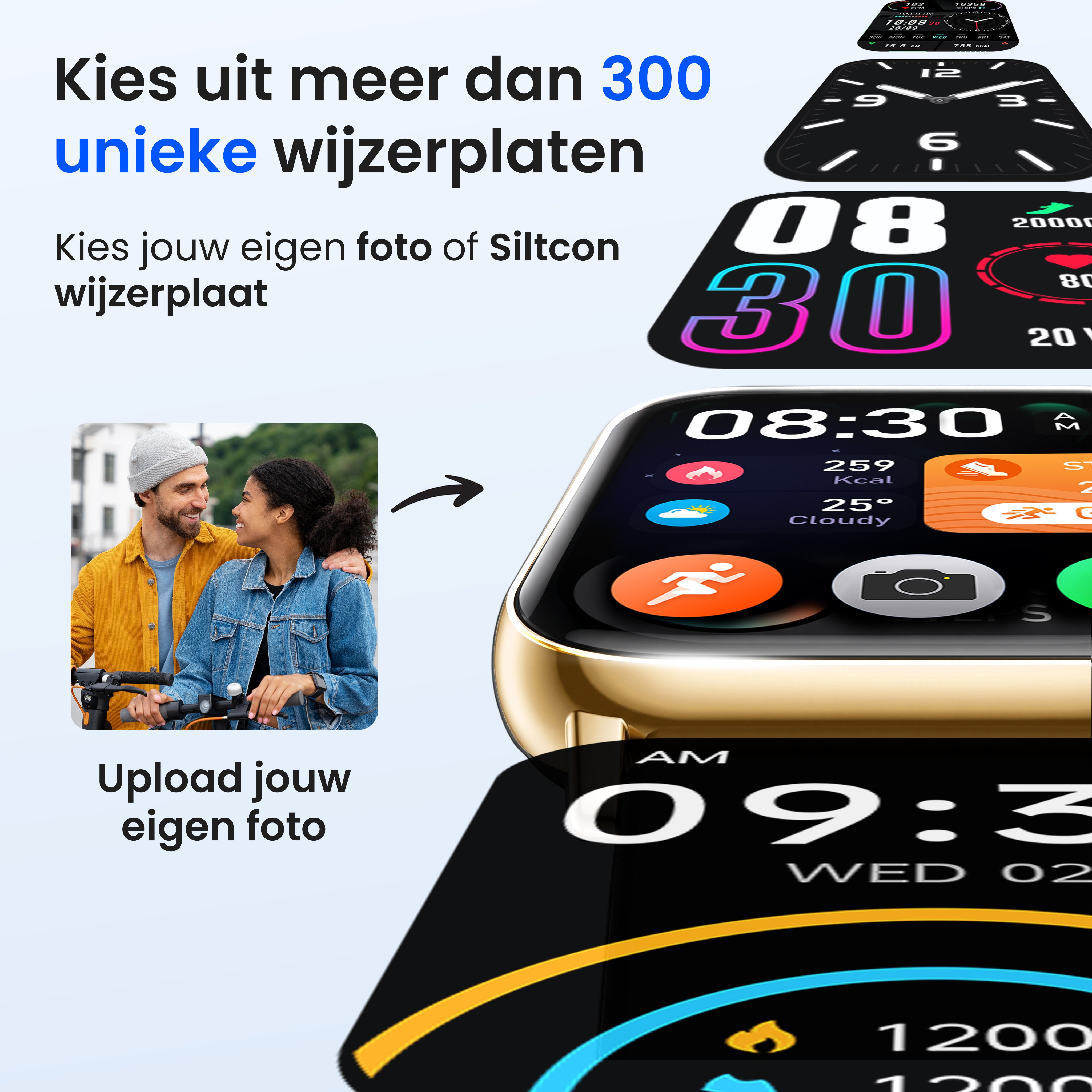 A smartwatch displays various watch faces and a person uploading a photo.