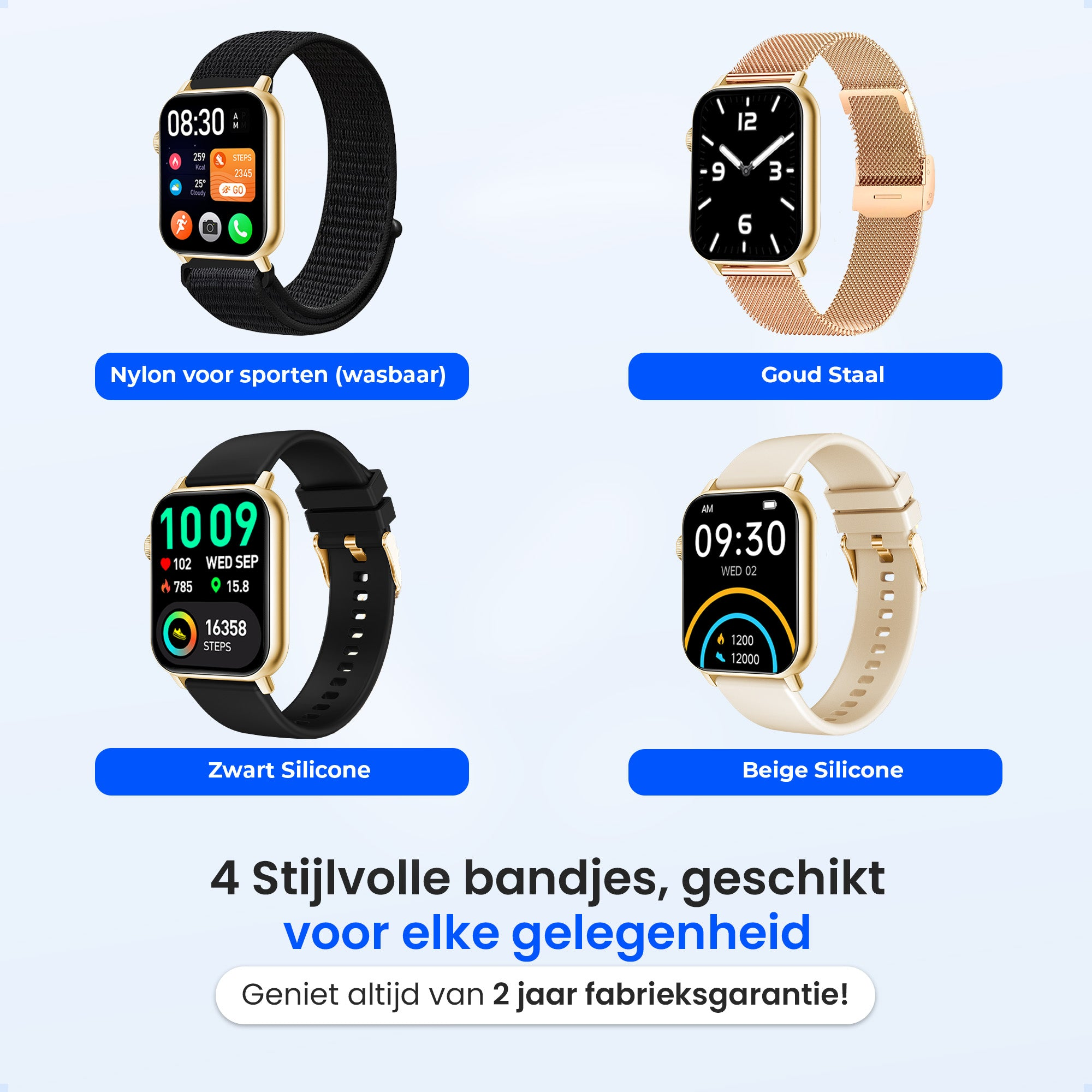 Four stylish smartwatches with different bands: nylon, gold, black, and beige.