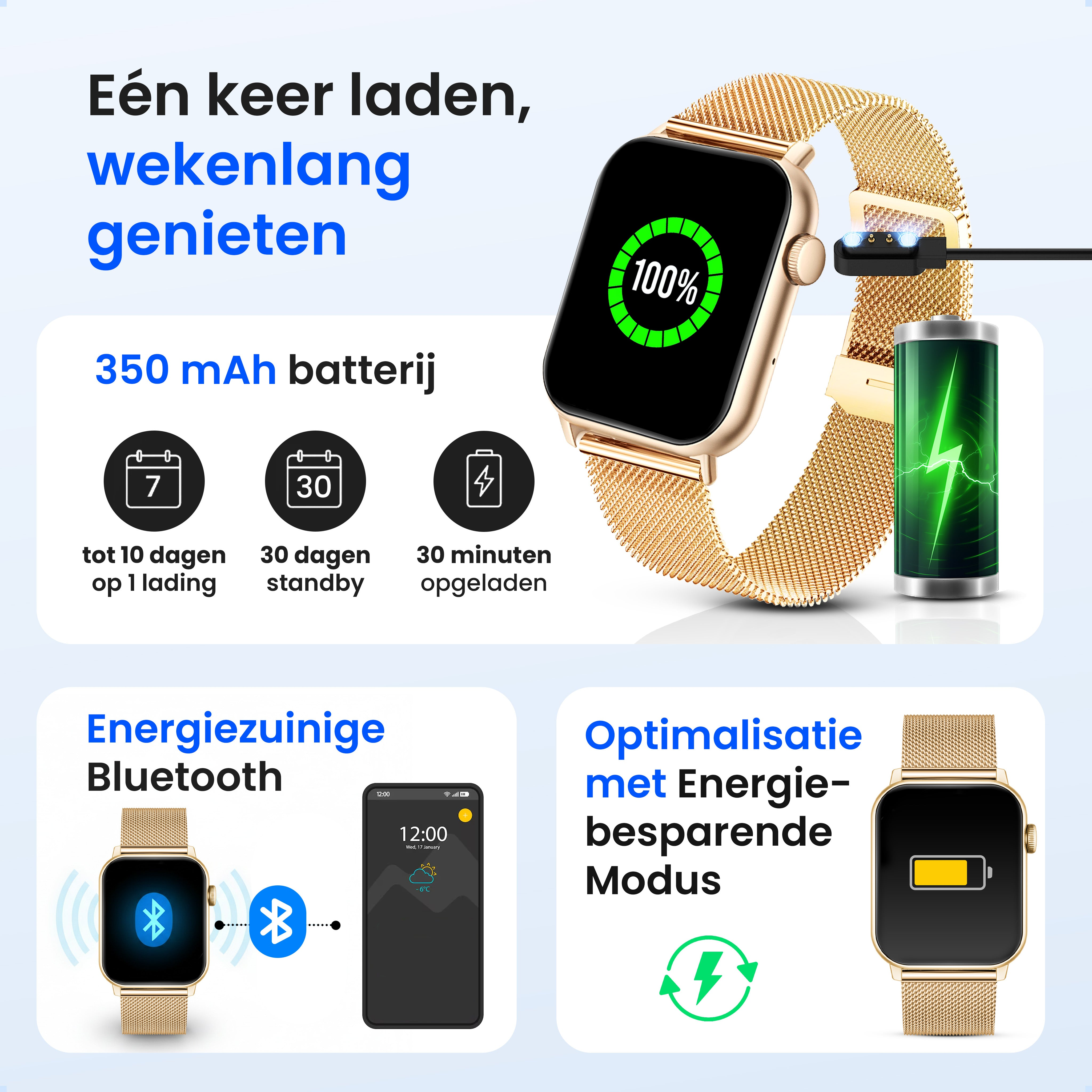 Gold smartwatch charging at 100%, 350mAh battery, 10-day battery life.
