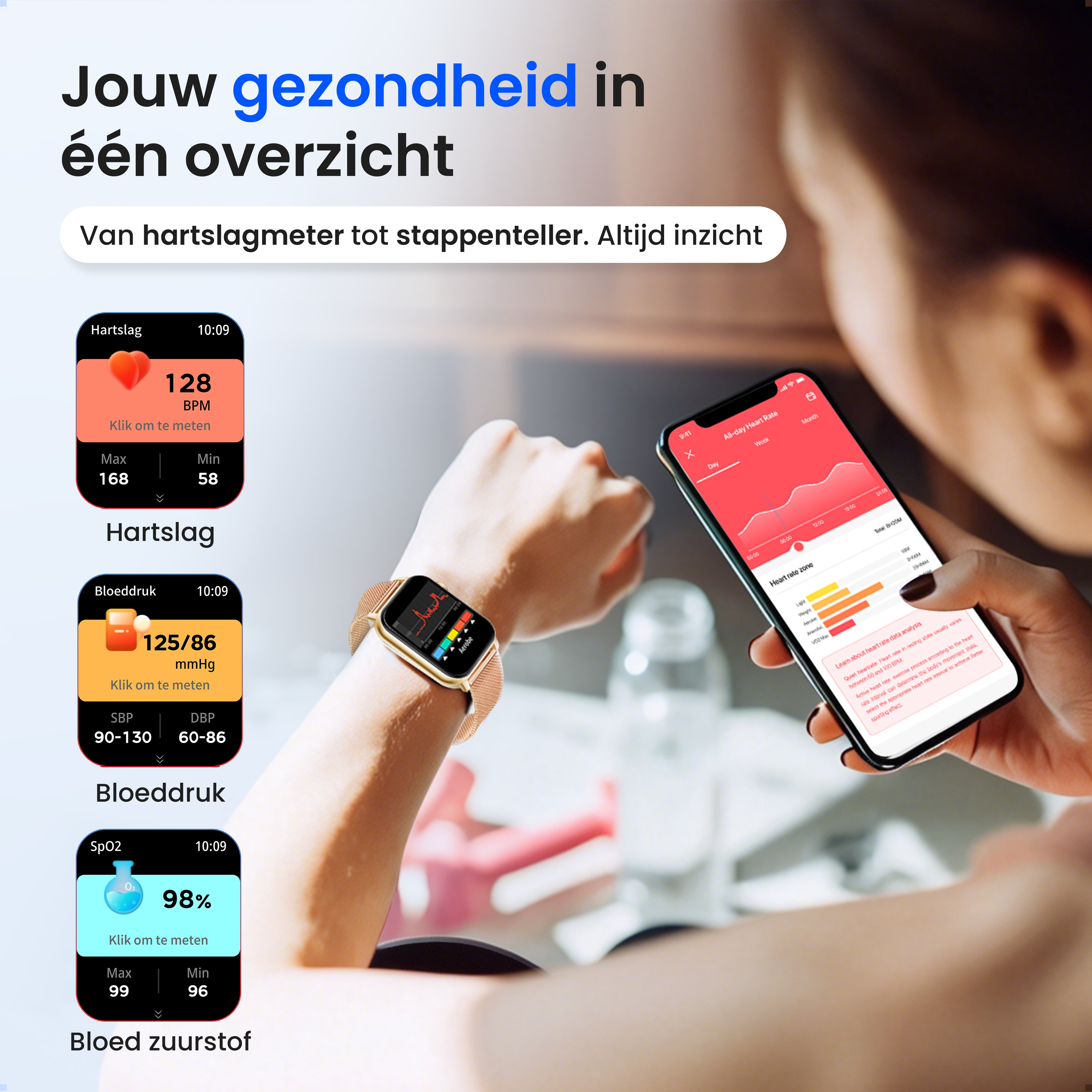 A person uses a smartwatch display showing heart rate, blood pressure, and blood oxygen.