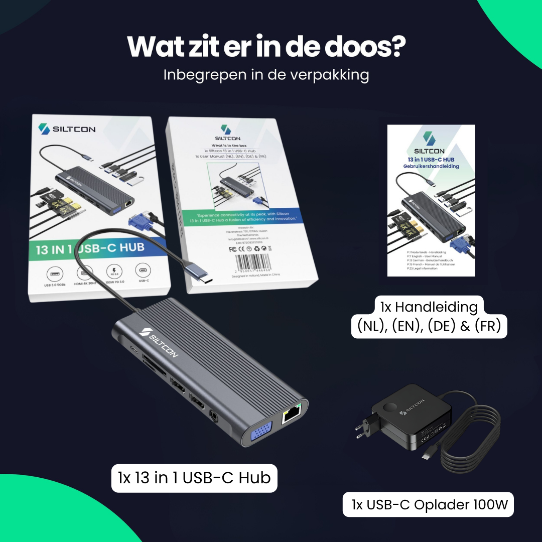 Contenu : Hub USB-C 13 en 1, manuel, chargeur USB-C 100W.