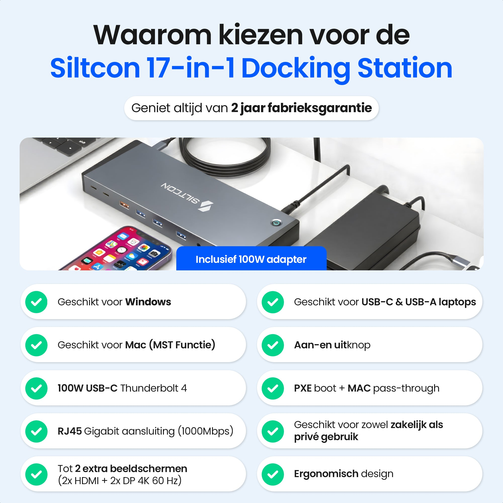 Hub de station d'accueil Siltcon gris 17-en-1 avec ordinateur portable, smartphone et adaptateur.
