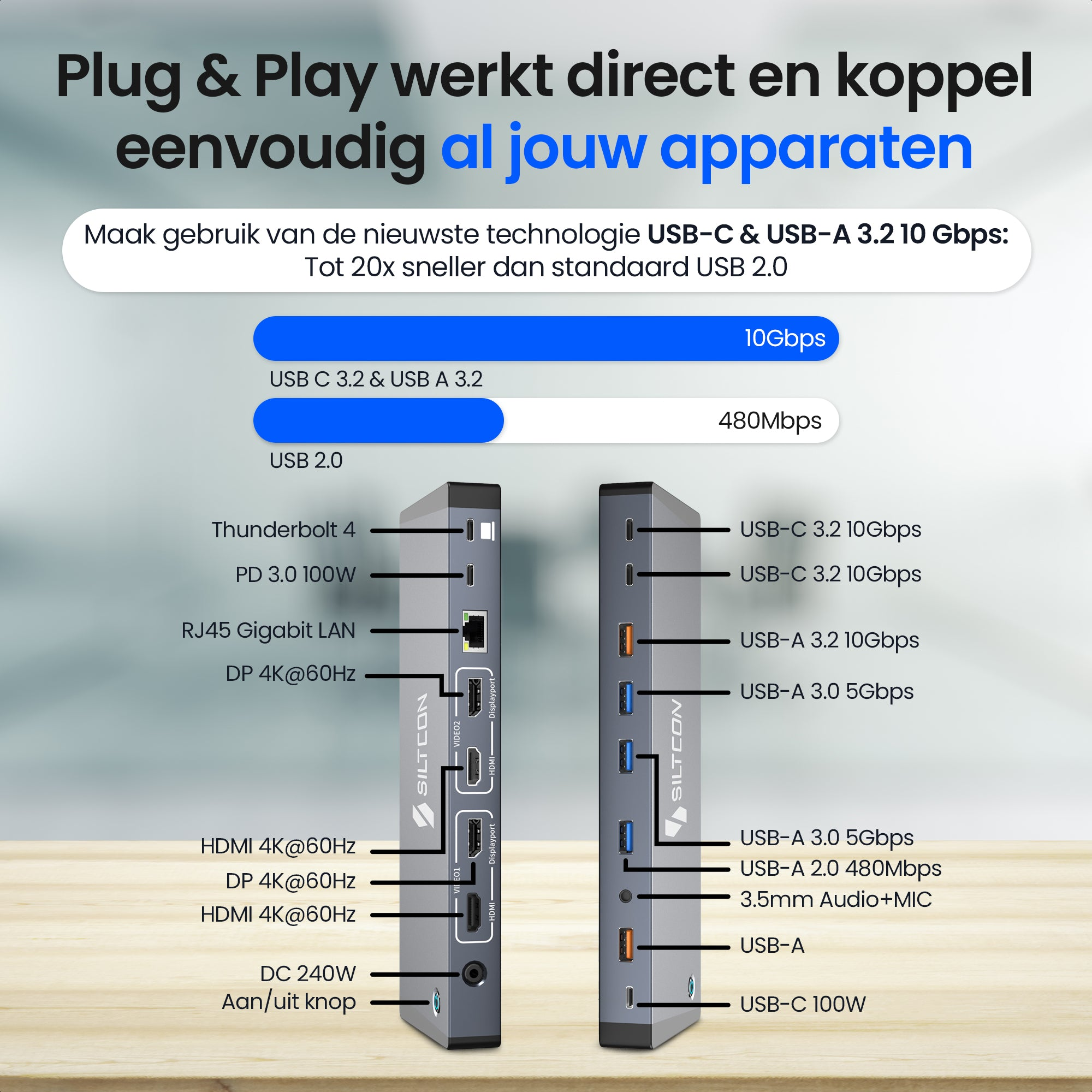 Hub USB-C gris avec ports Thunderbolt, HDMI, DisplayPort, LAN, USB-A et USB-C.