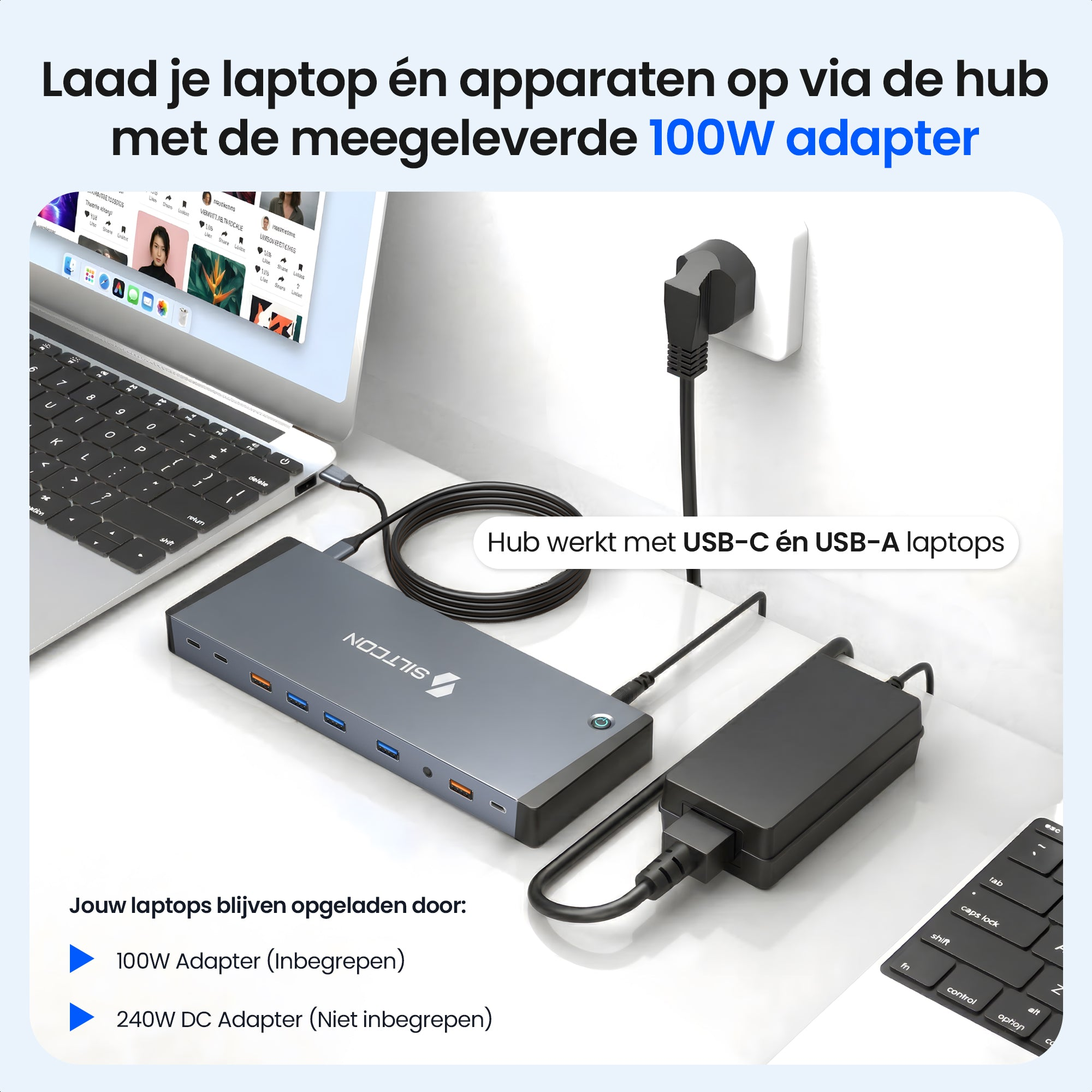 Un ordinateur portable, une station d'accueil, un adaptateur secteur et un clavier sont présentés.
