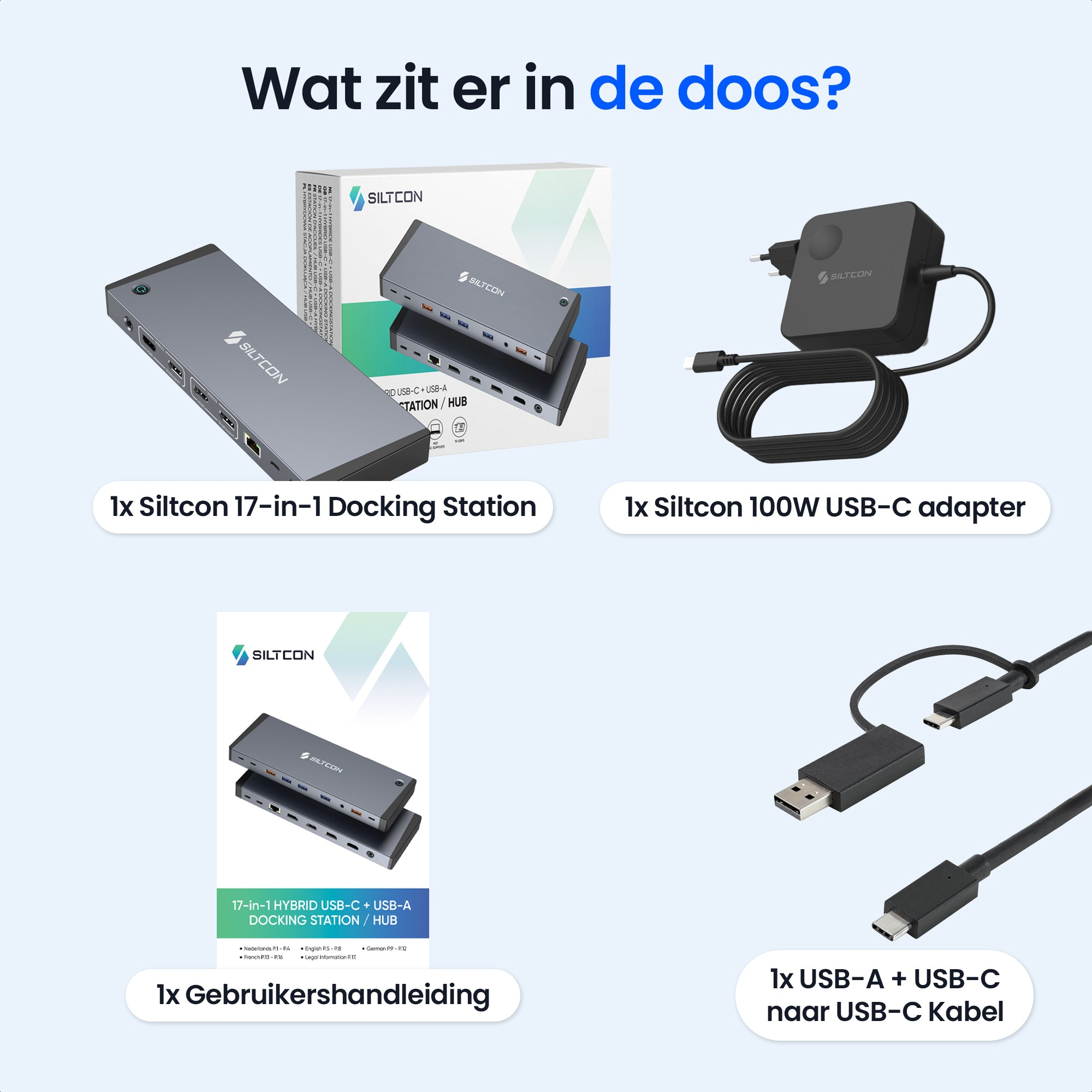 Une station d'accueil Siltcon 17-en-1, un adaptateur USB-C 100W, un câble et un manuel.