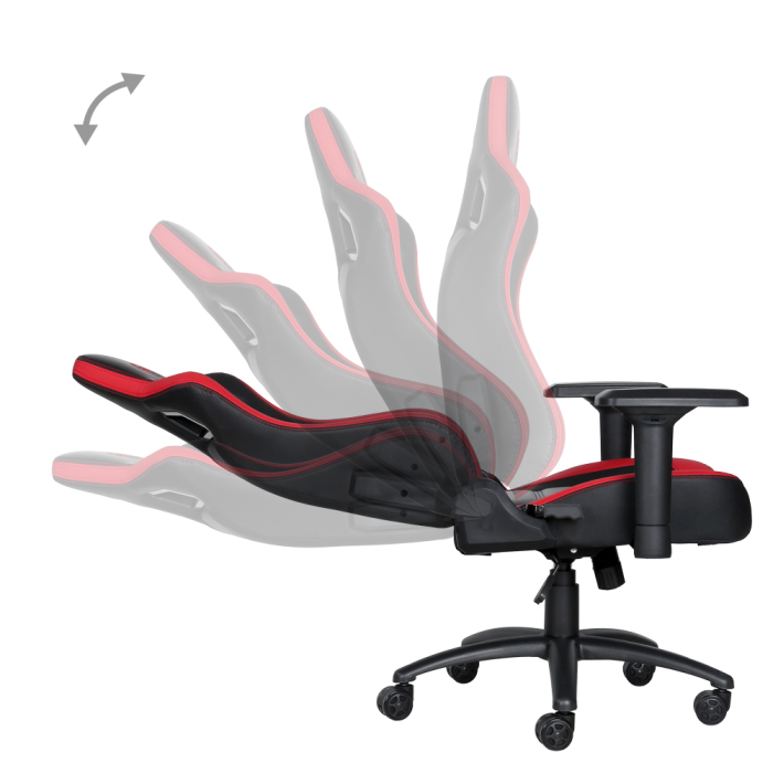Ein schwarzer und roter Gaming-Stuhl in mehreren Positionen, die Neigung zeigen.