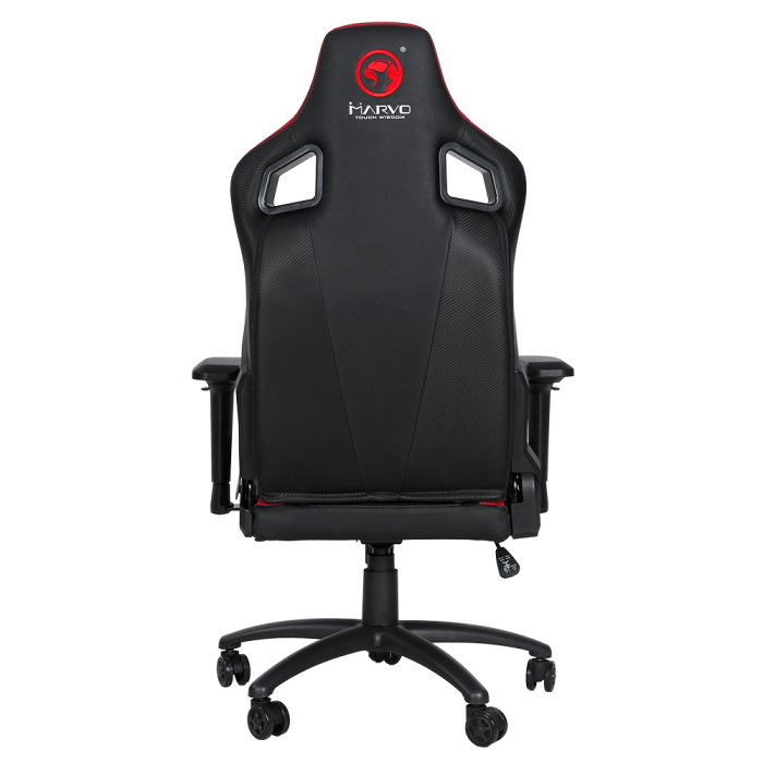 Schwarzer Gaming-Stuhl mit roten Akzenten und Marvo-Logo auf der Rückseite.