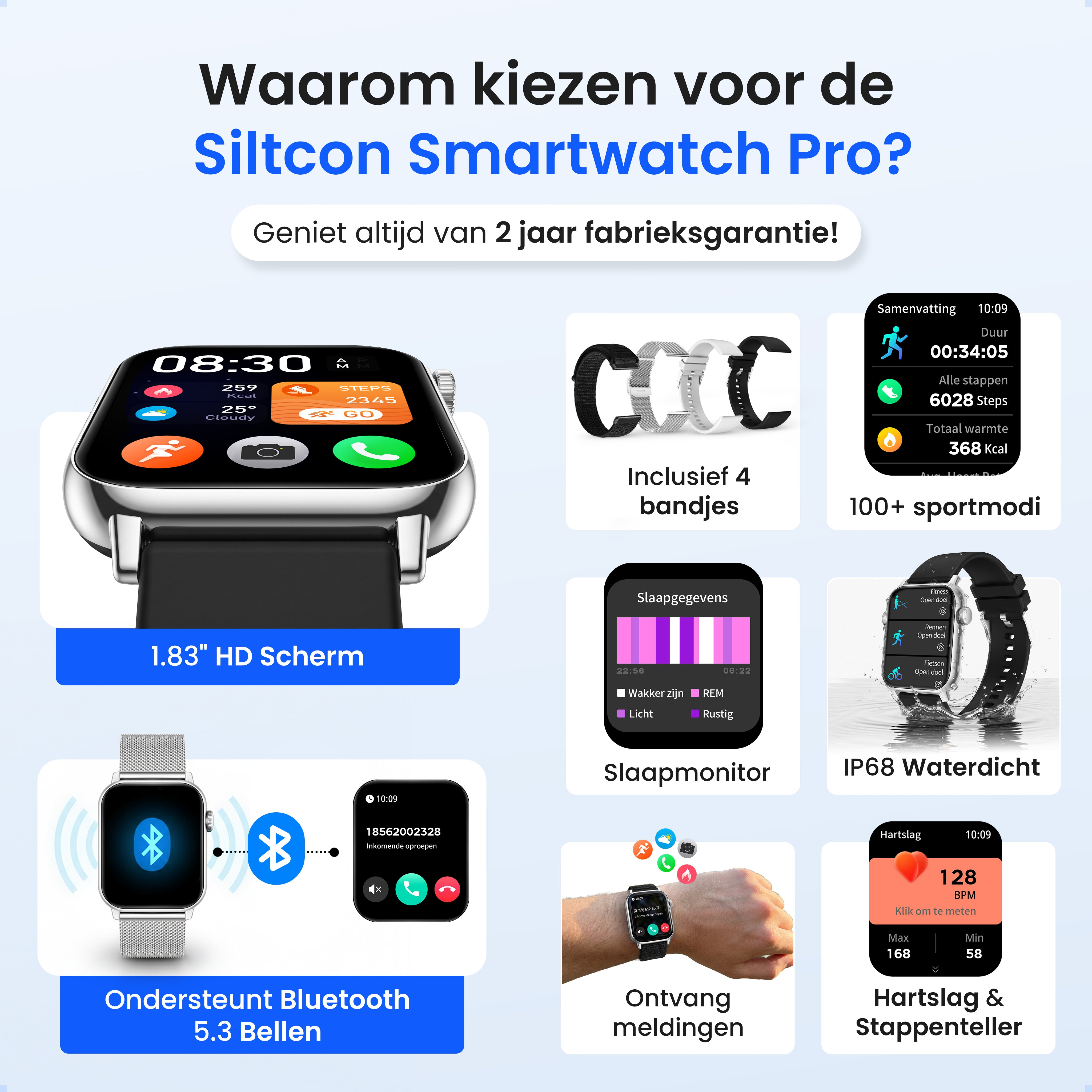 Product overview of Siltcon Smartwatch Pro, showing HD screen, sport modes, sleep tracking, IP68 waterproof.