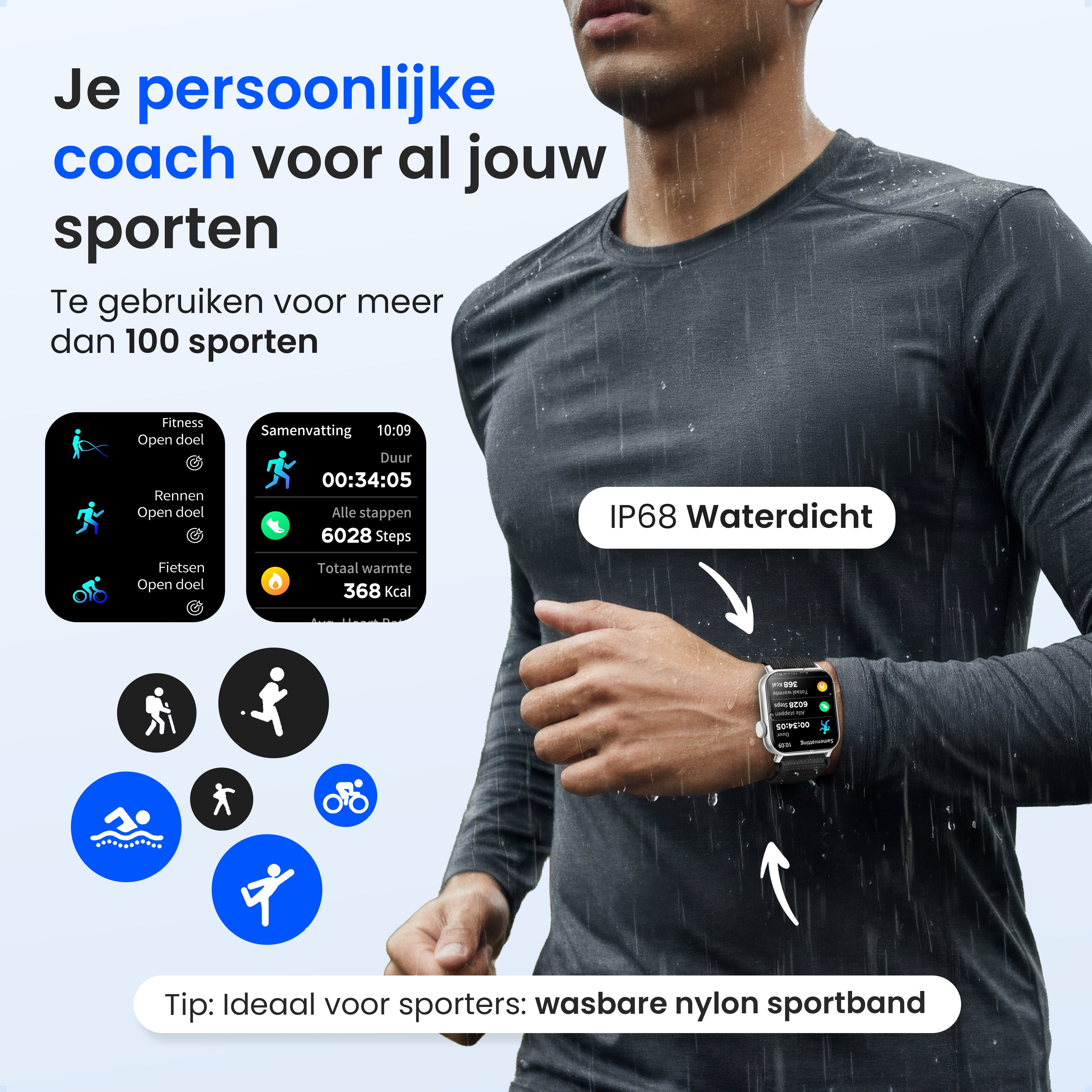 Man running in rain with sports smartwatch. IP68 waterproof.