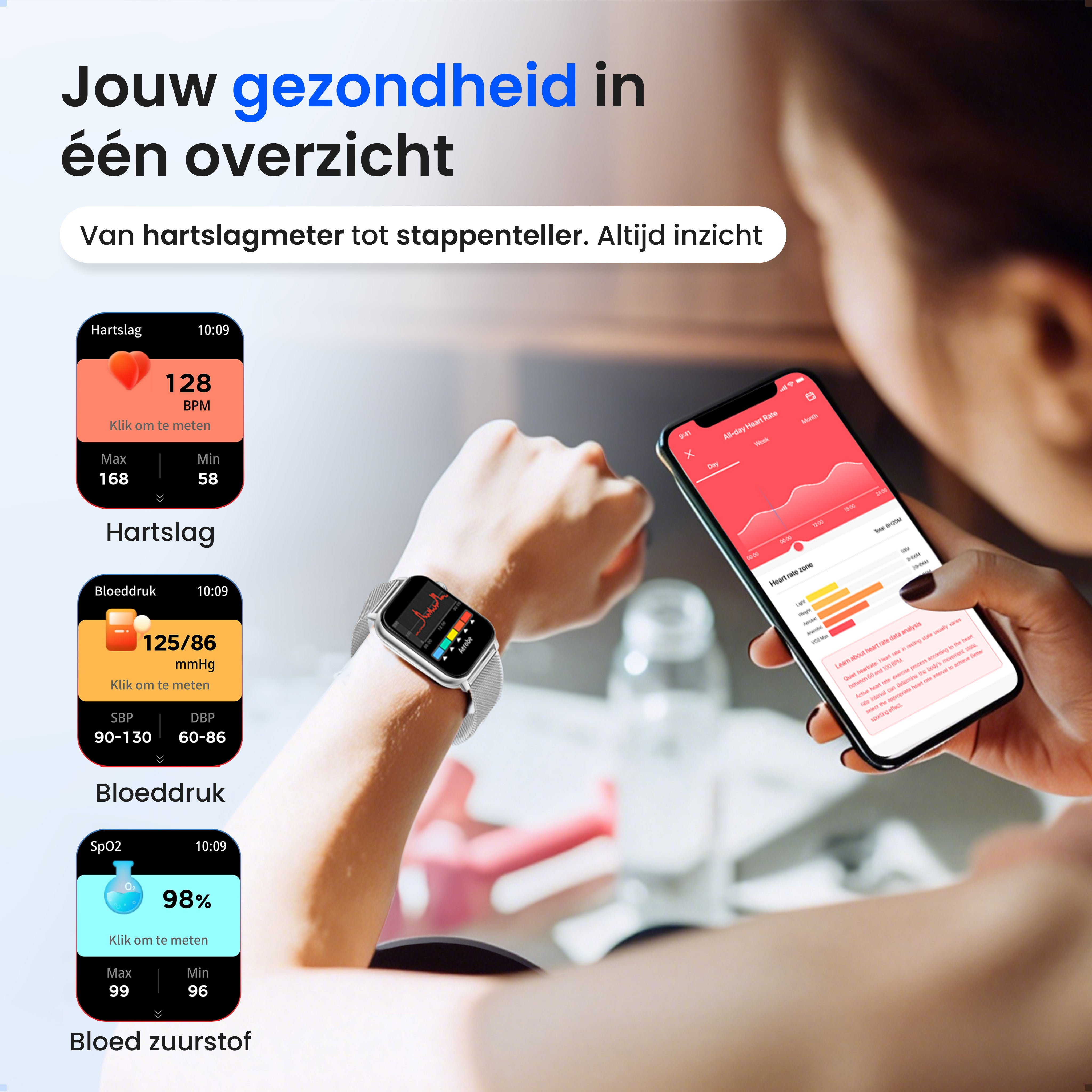 A person uses a smartwatch and smartphone for health monitoring.