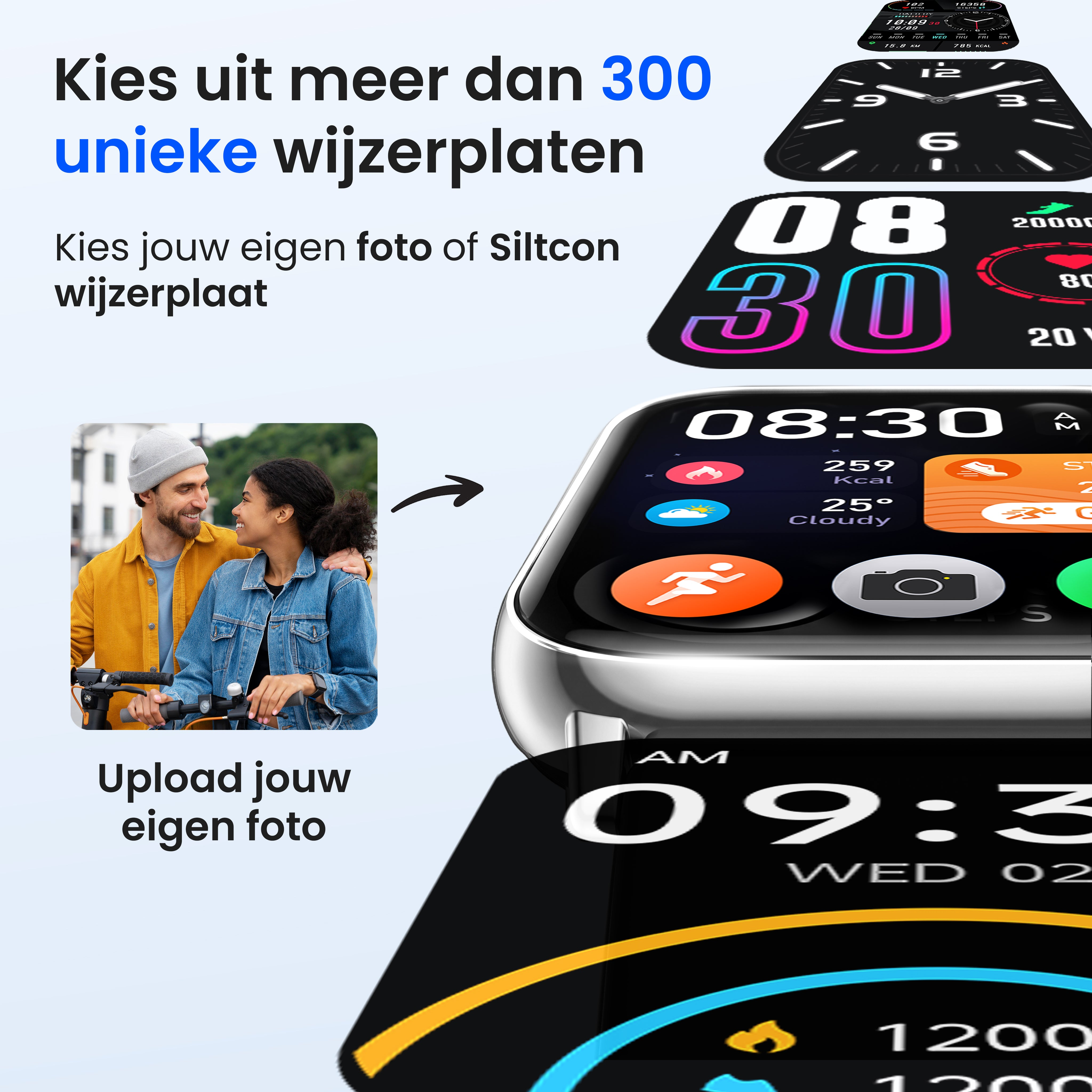 A couple on e-scooters next to a smartwatch display showing watch faces.