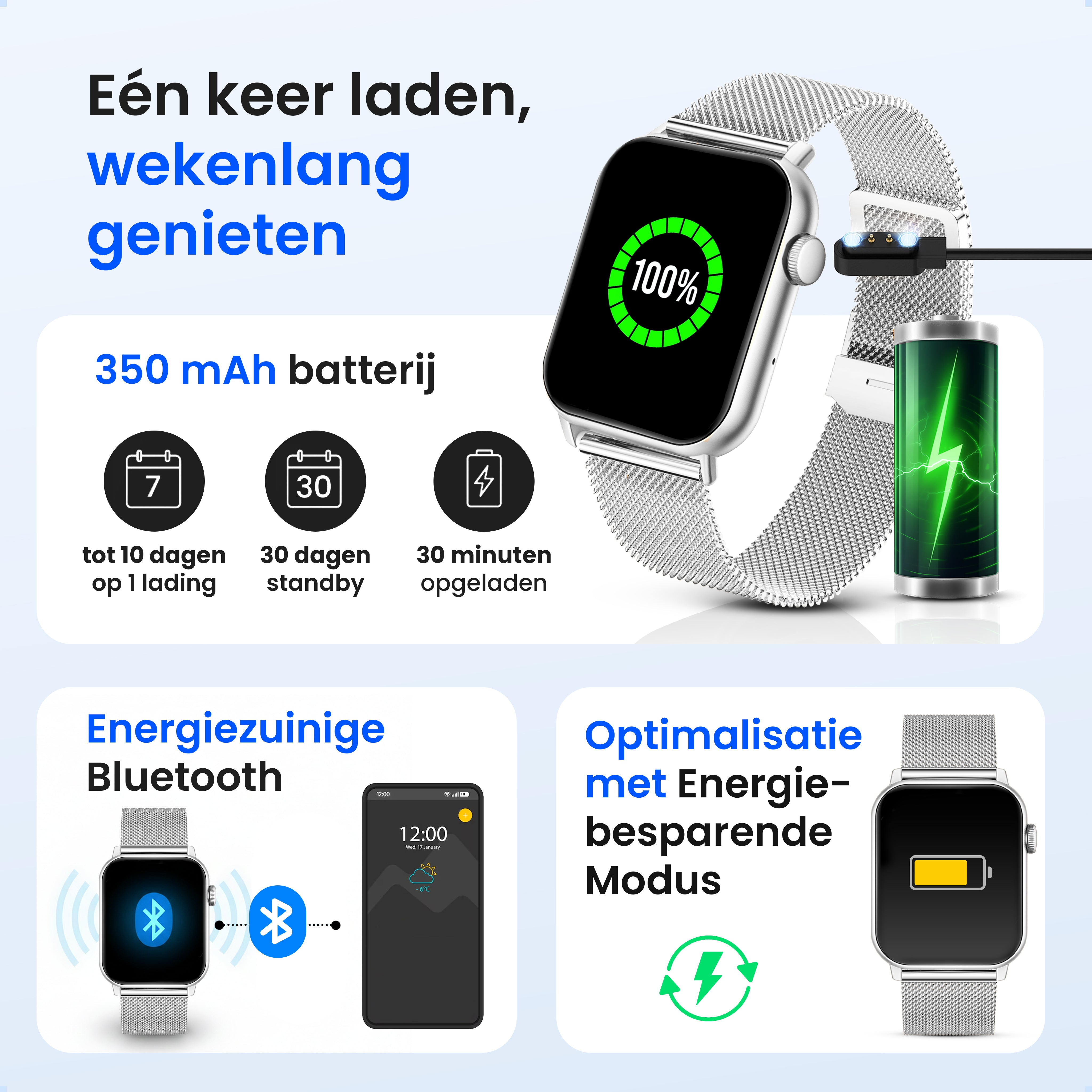 Smartwatch with charging indicator, battery info, and Bluetooth icons.