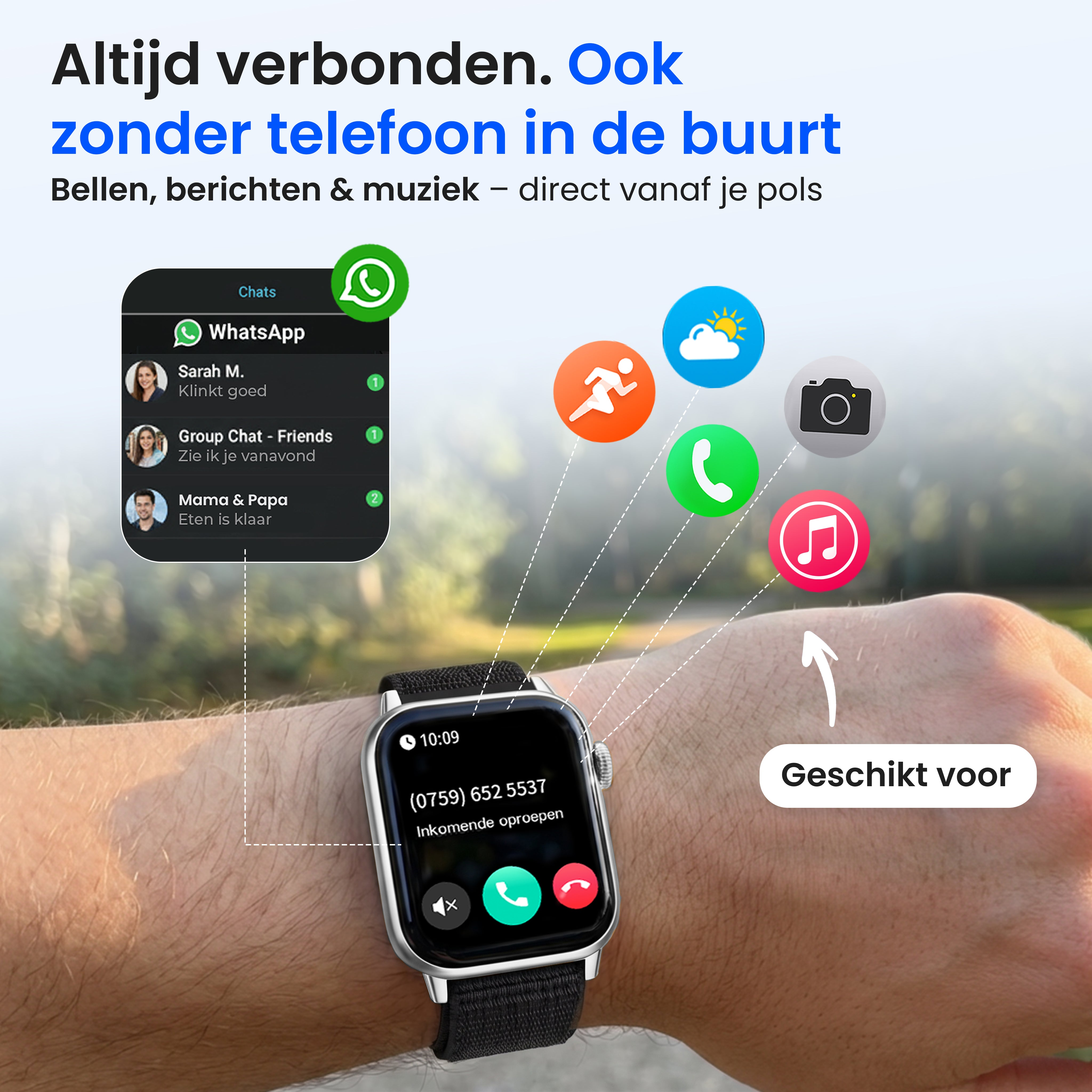A smartwatch displays an incoming call with app icons on screen.