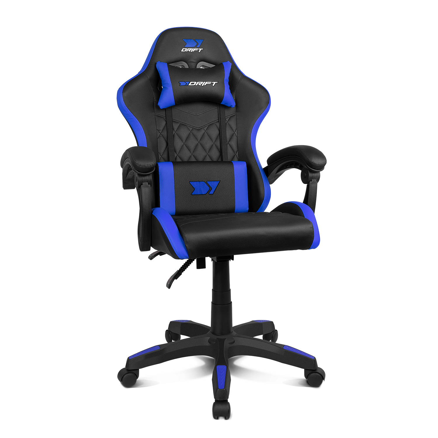 Silla gamer negra con detalles azules y logo.