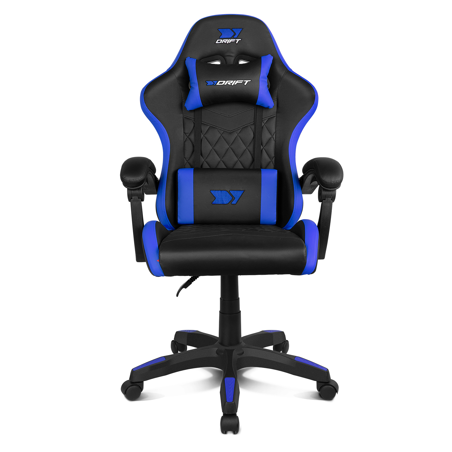 Una silla gamer negra y azul con cojines lumbar y de cabeza, sobre fondo blanco.