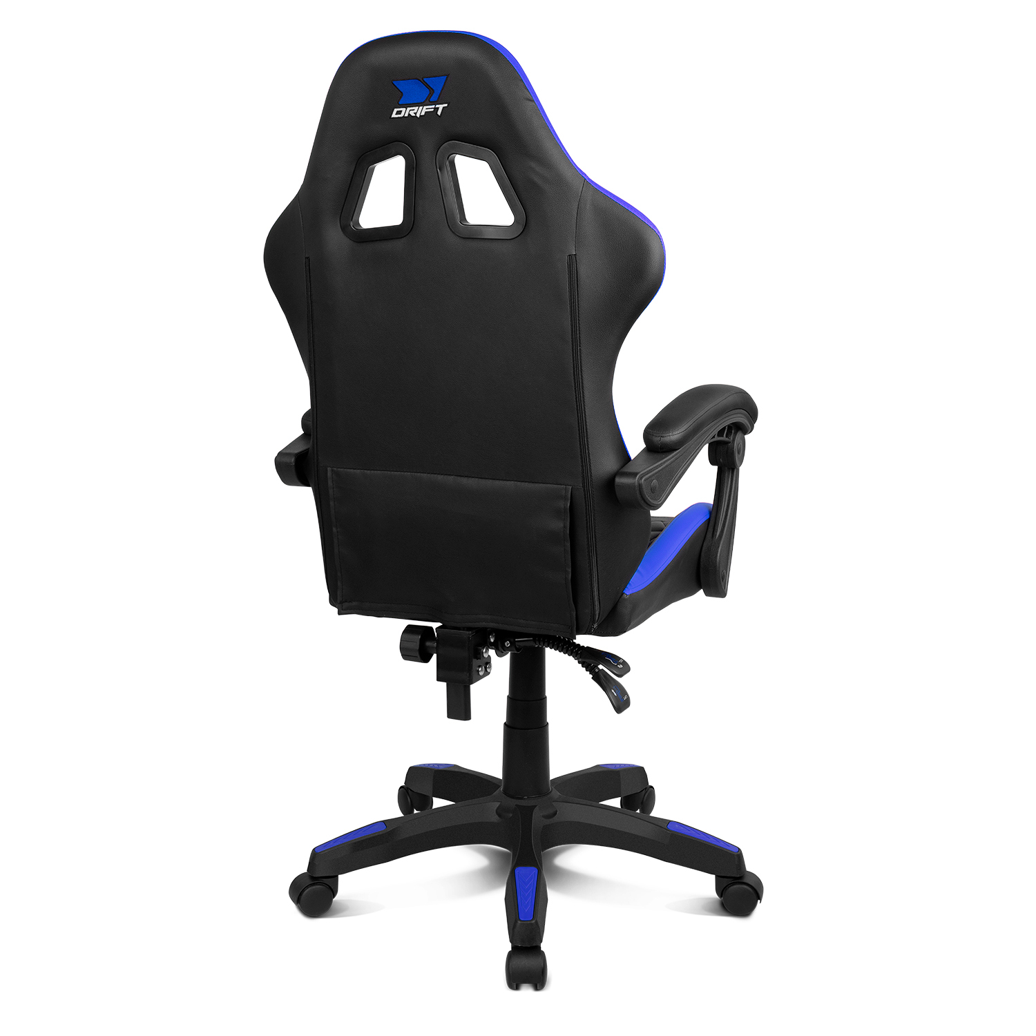 Silla gamer negra con detalles azules, vista trasera, sobre fondo blanco.