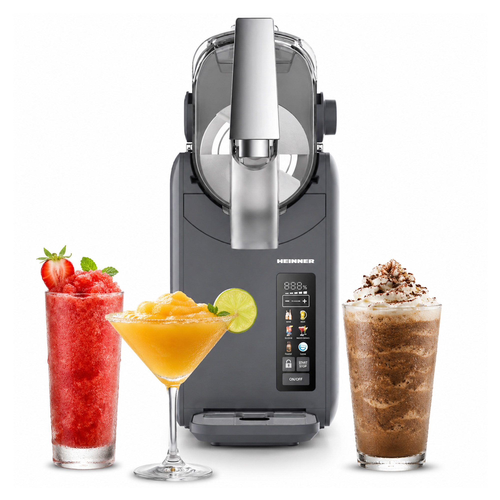Ein grauer Slush-Eisbereiter mit drei gefrorenen Getränken daneben.
