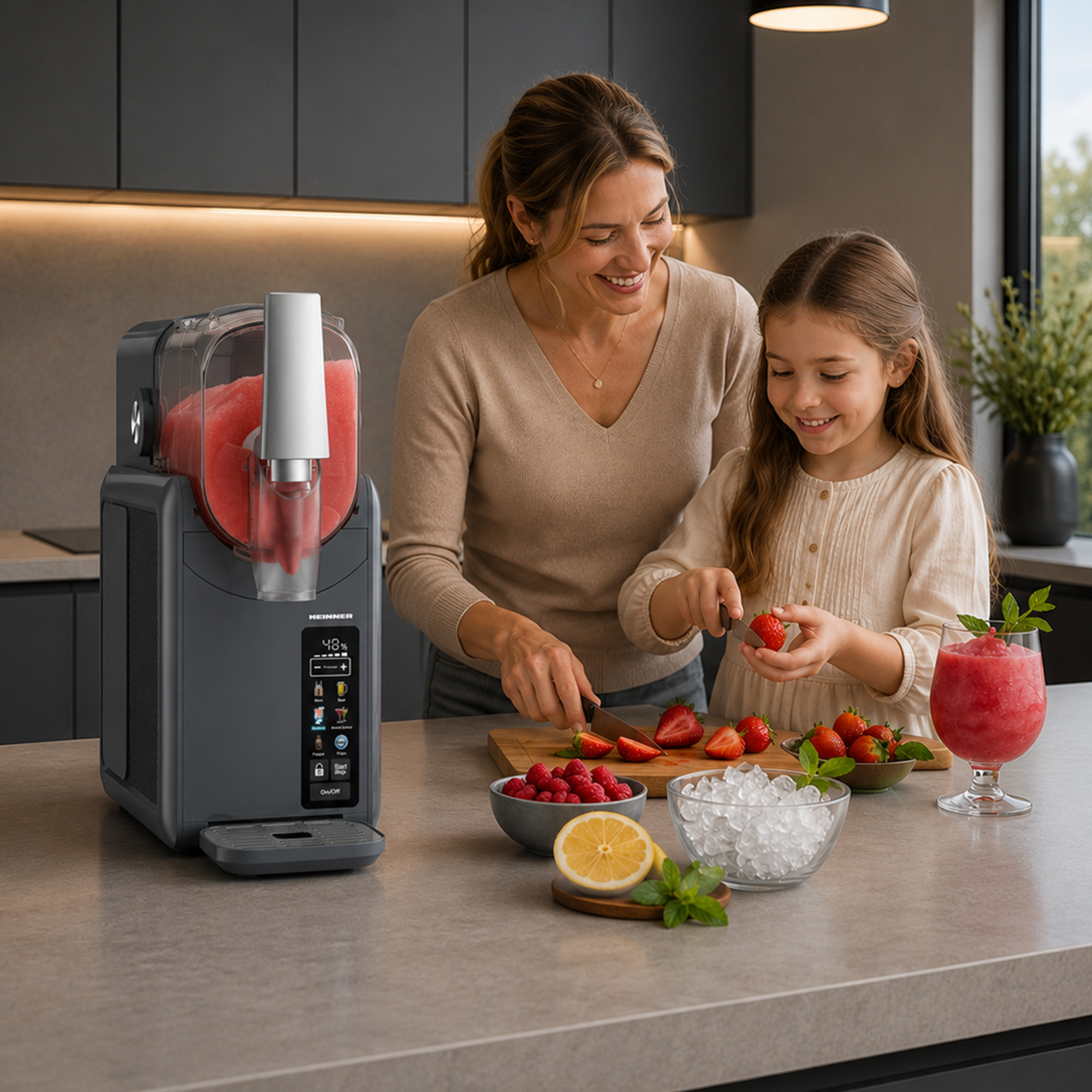 Frau und Kind bereiten Erdbeeren zu, Eismaschine im Hintergrund.