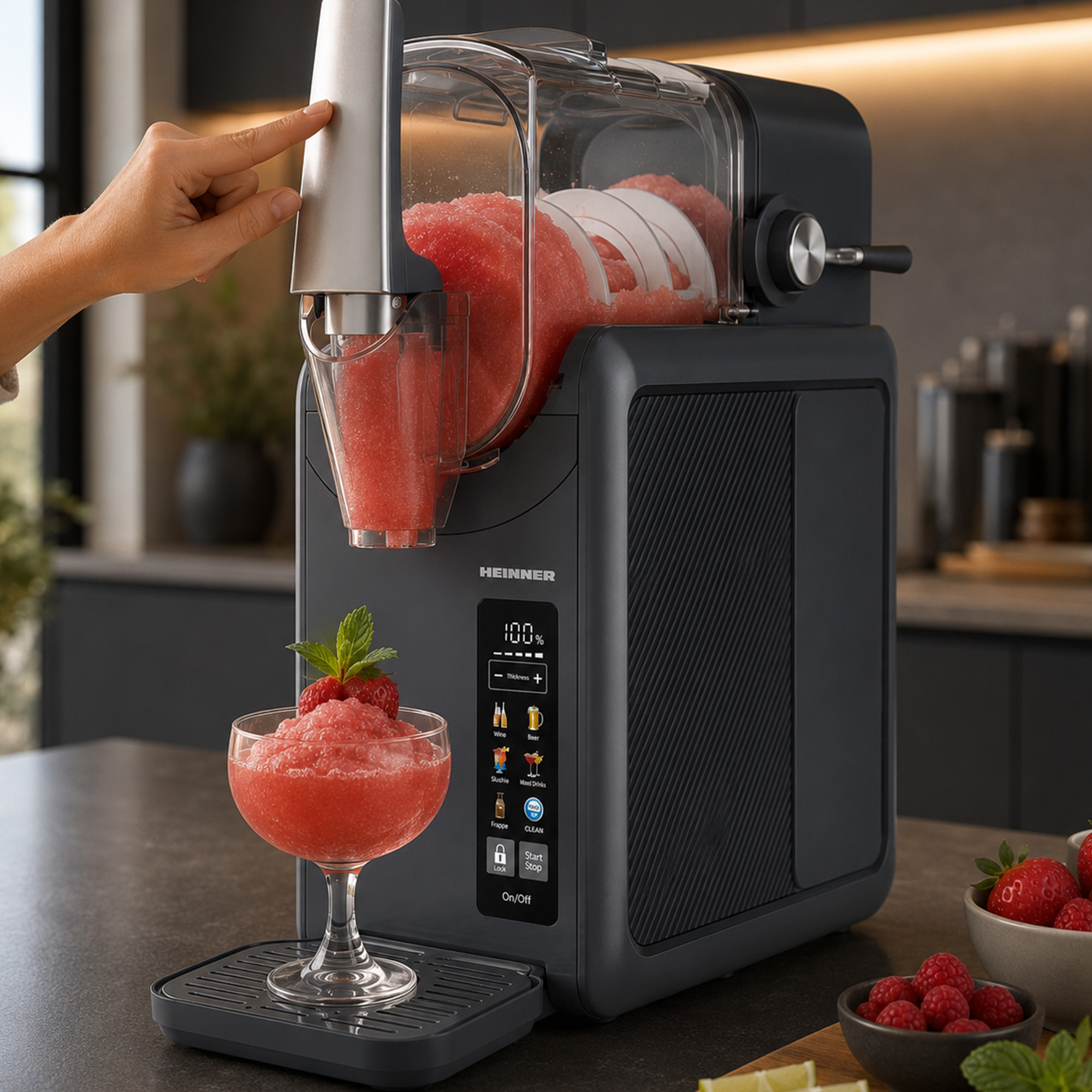 Eine Person bedient einen Slushie-Maker, daneben ein Glas mit rotem Slushie und Früchten.