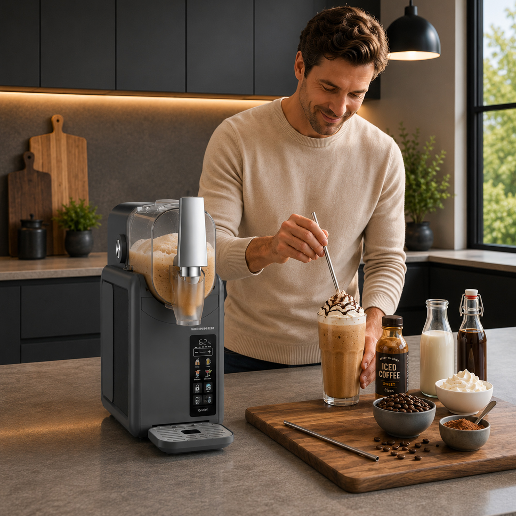 Mann mixt Getränk mit Eismaschine. Kaffee, Milch, Sahne und Bohnen liegen bereit.