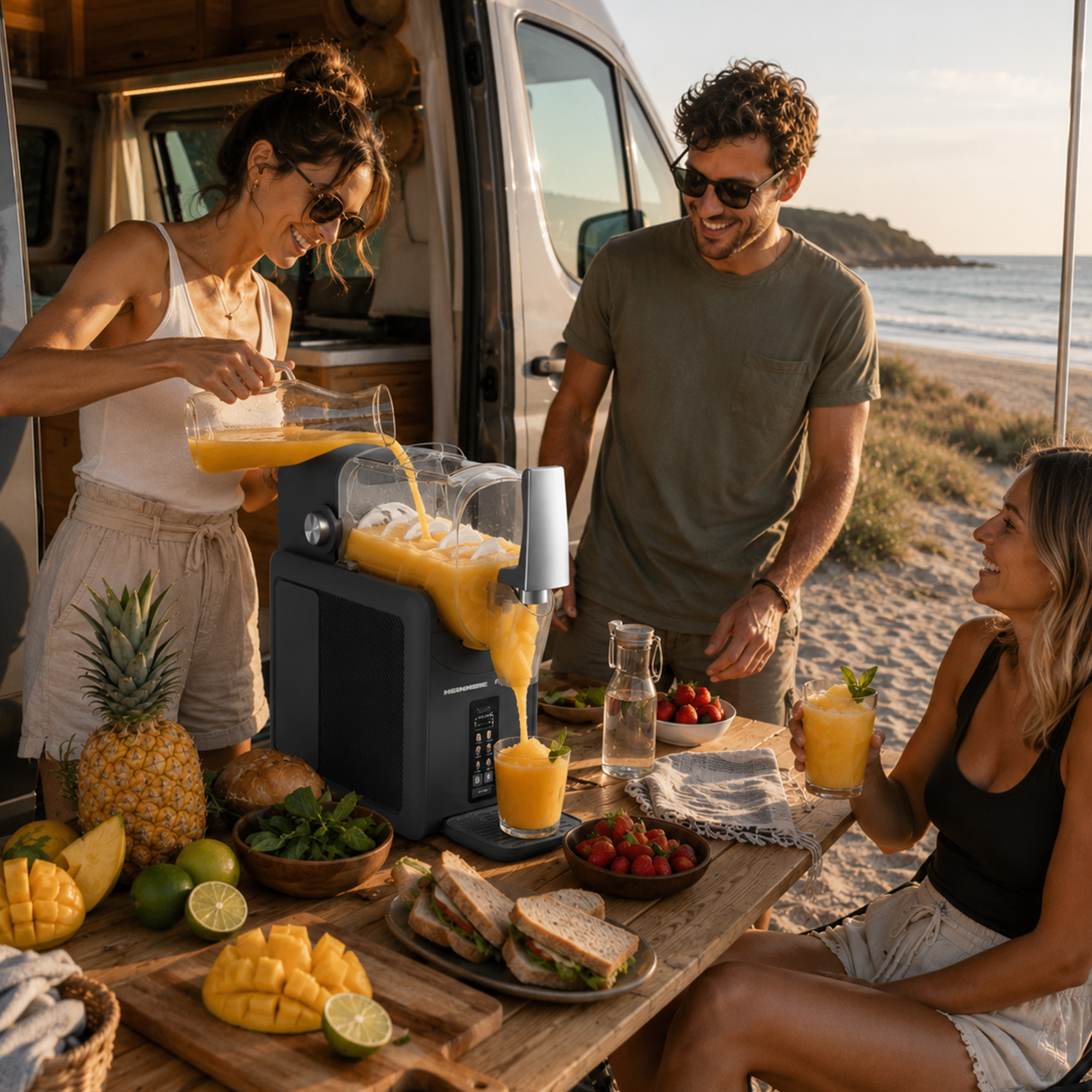 Menschen machen Saft am Strand neben einem Van, mit Früchten und Sandwiches.