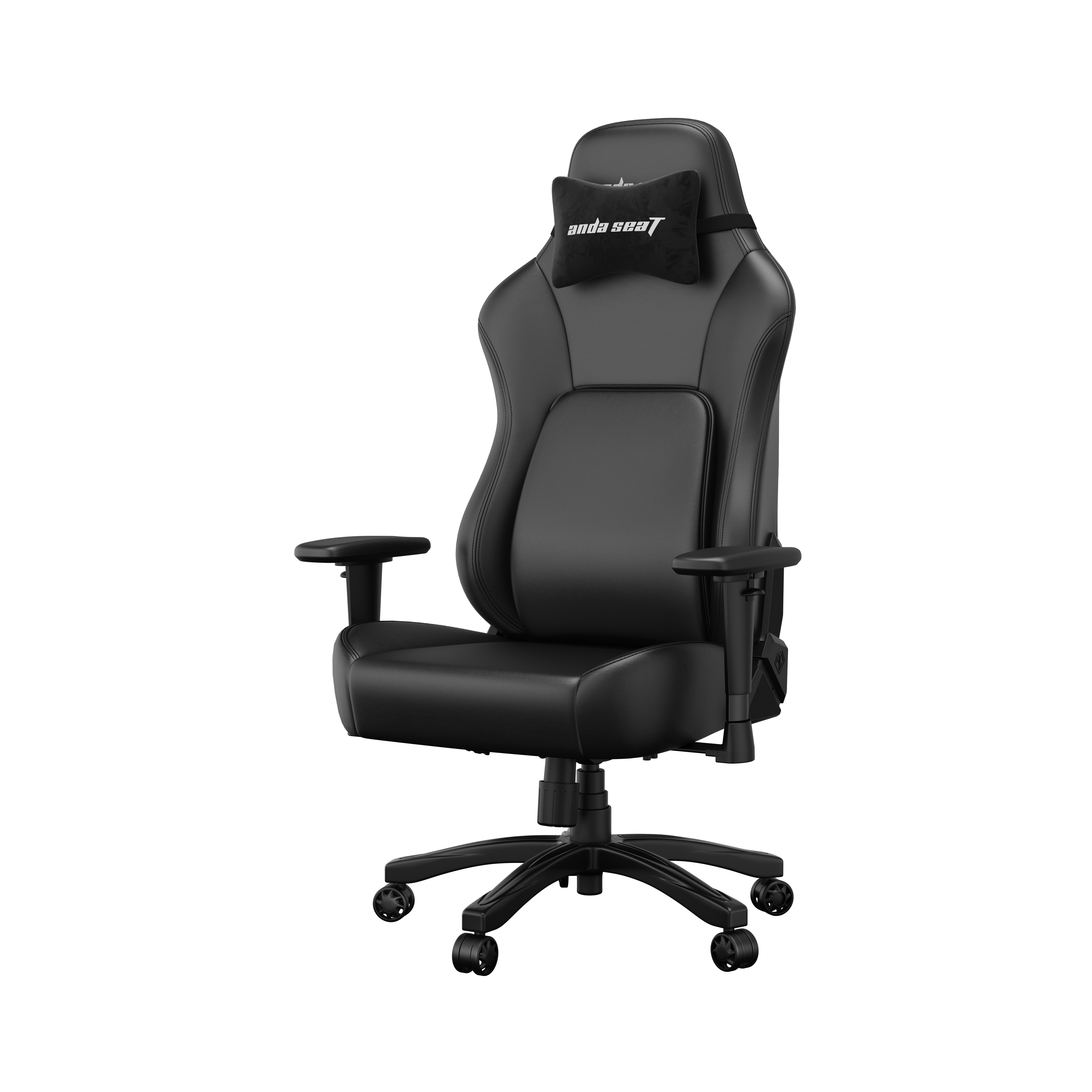 Sedia da gaming nera con supporto lombare e cuscino poggiatesta.