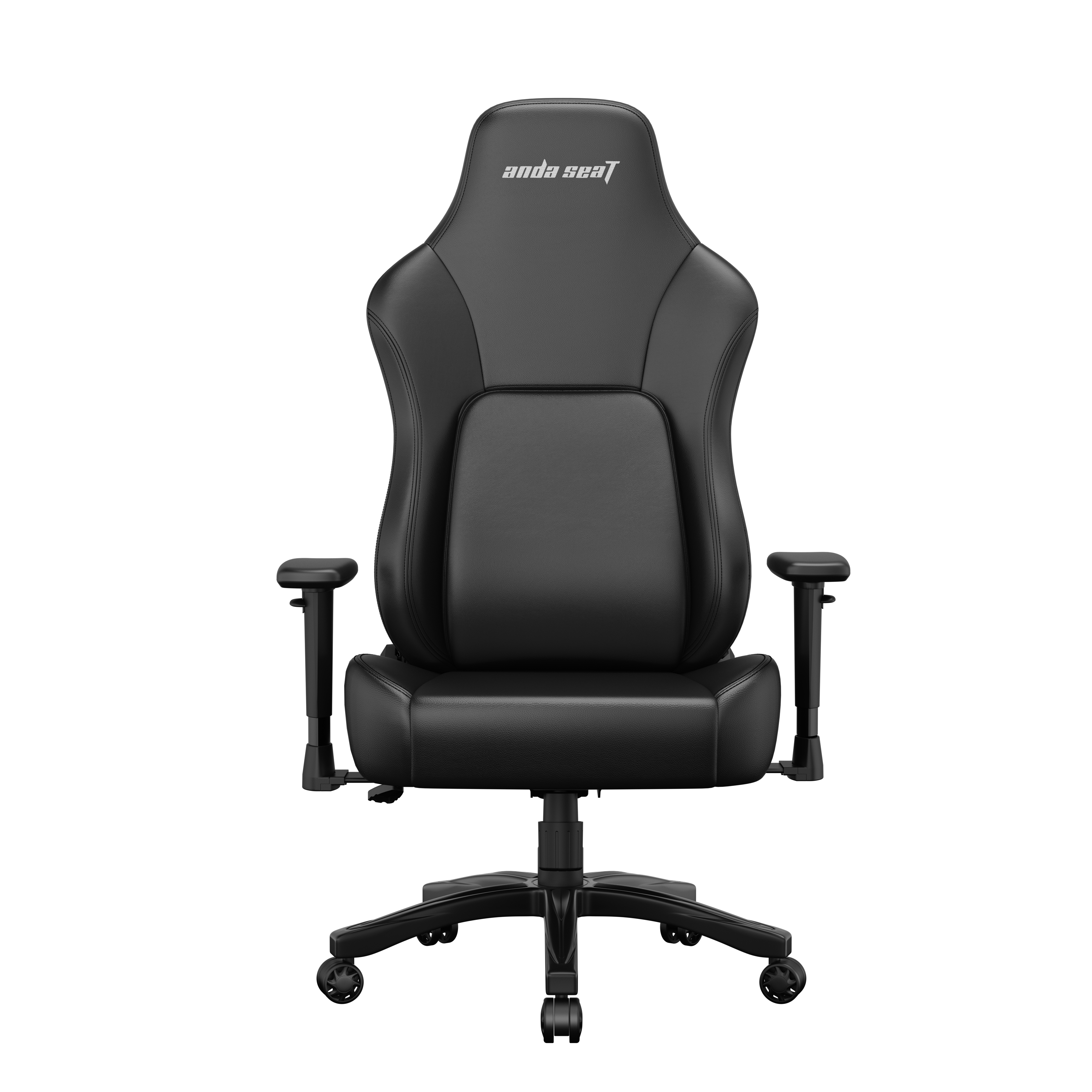 Una sedia da gaming nera con braccioli regolabili e ruote.