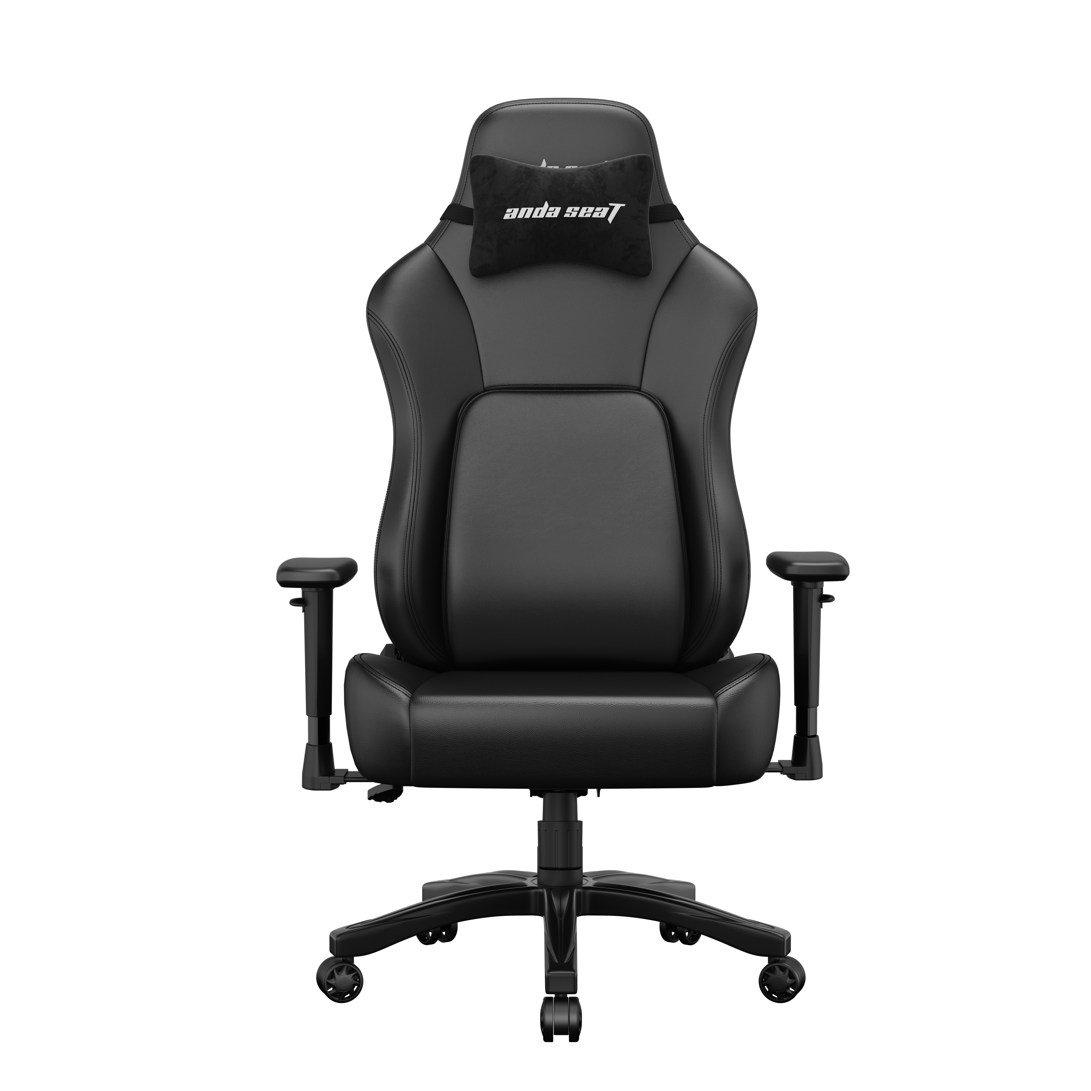 Sedia da gaming nera con cuscino per il collo e loghi, su sfondo bianco.