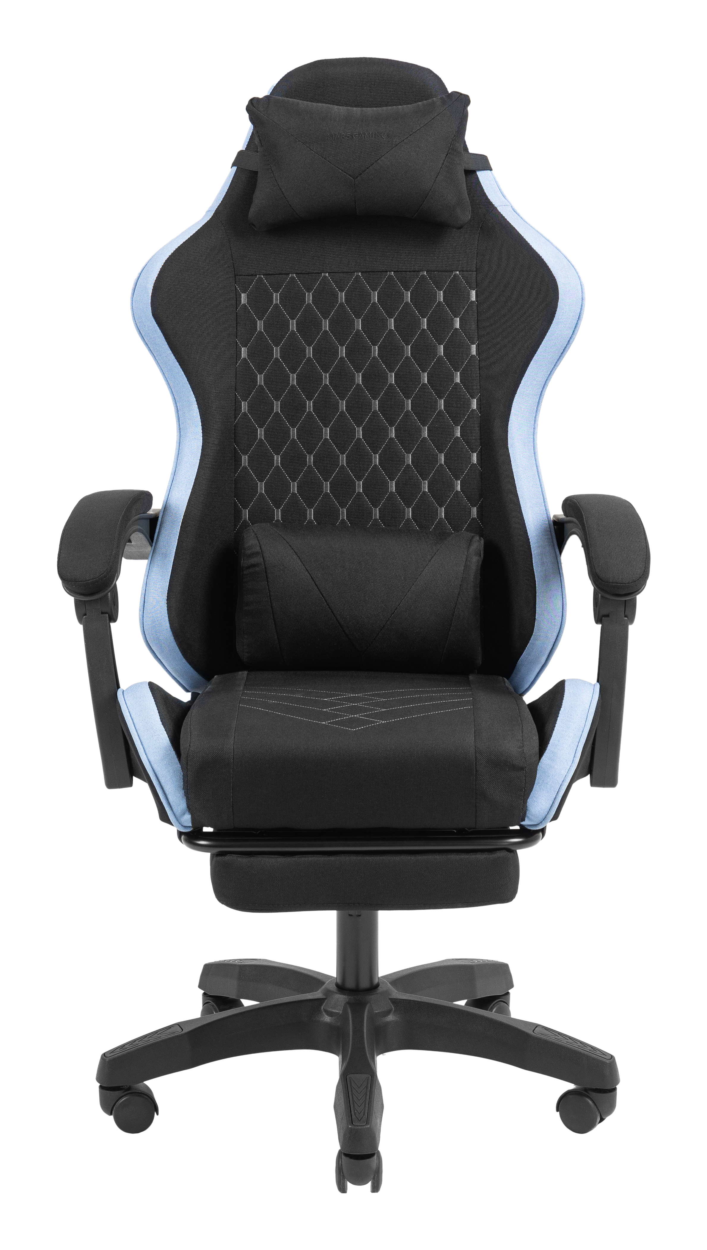 Silla gaming negra con detalles azules, cojines cervical y lumbar, ajustable.