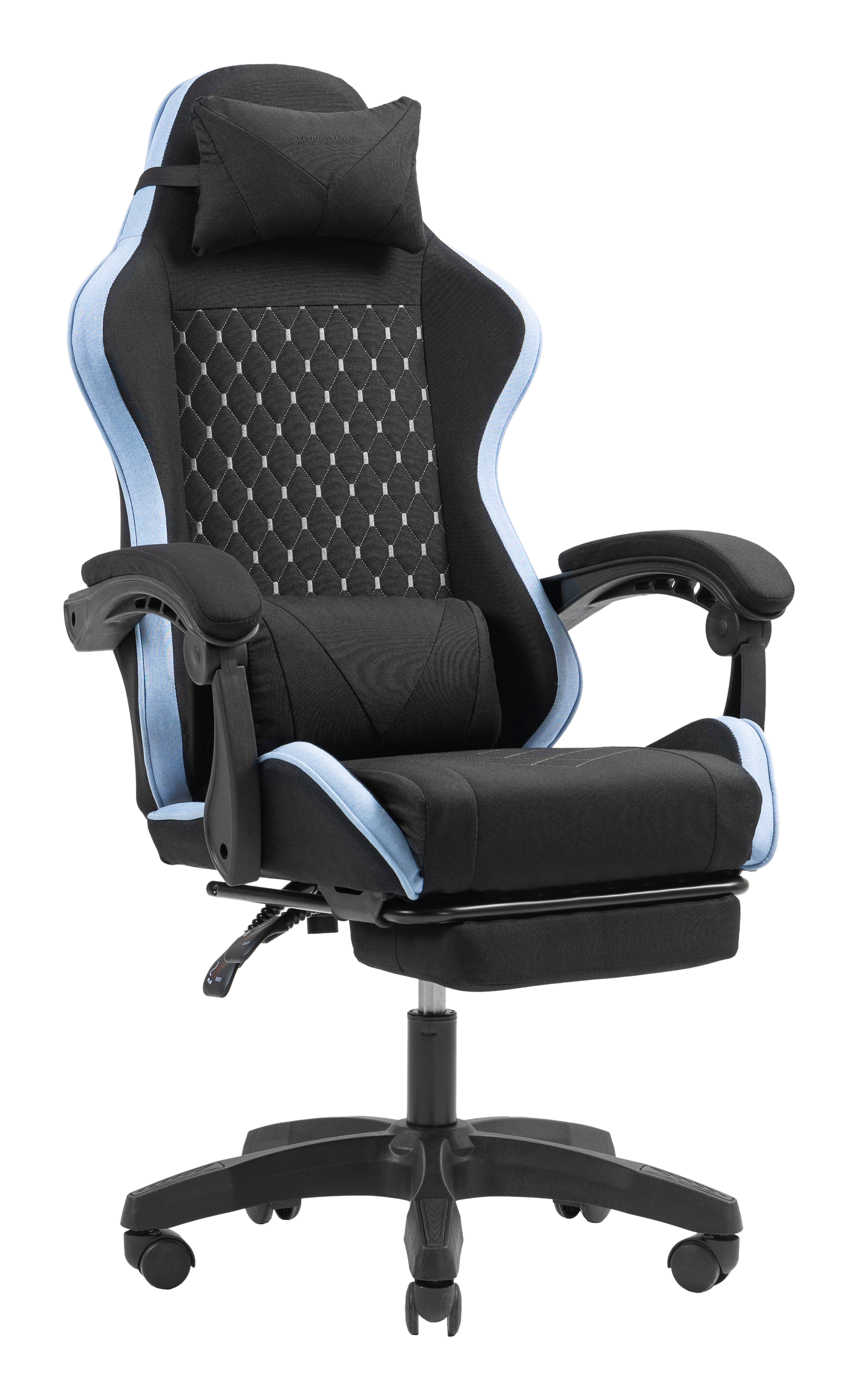 Silla gamer negra con ribete azul y reposacabezas ajustable.