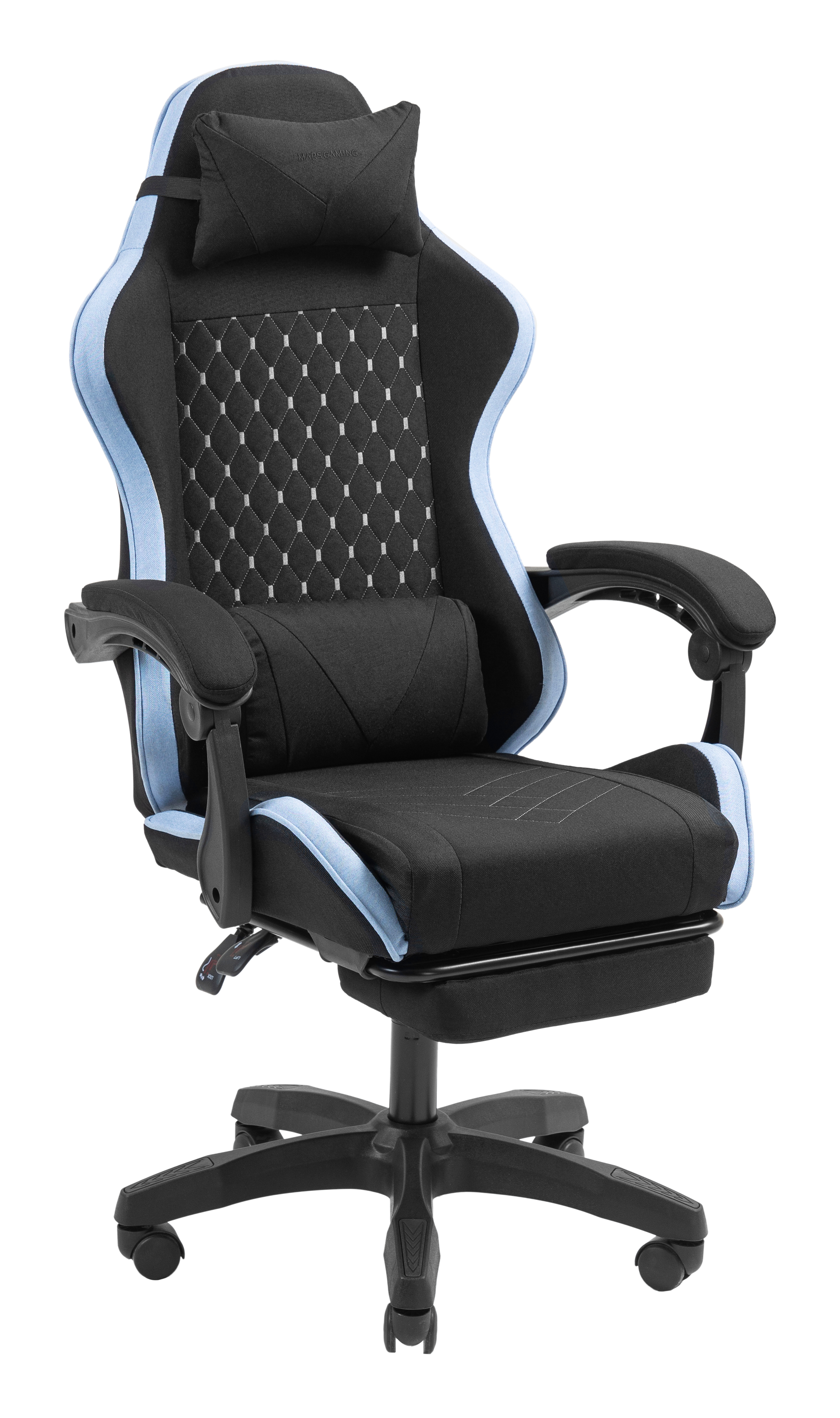 Silla gamer negra con detalles azul claro y reposacabezas ajustable.