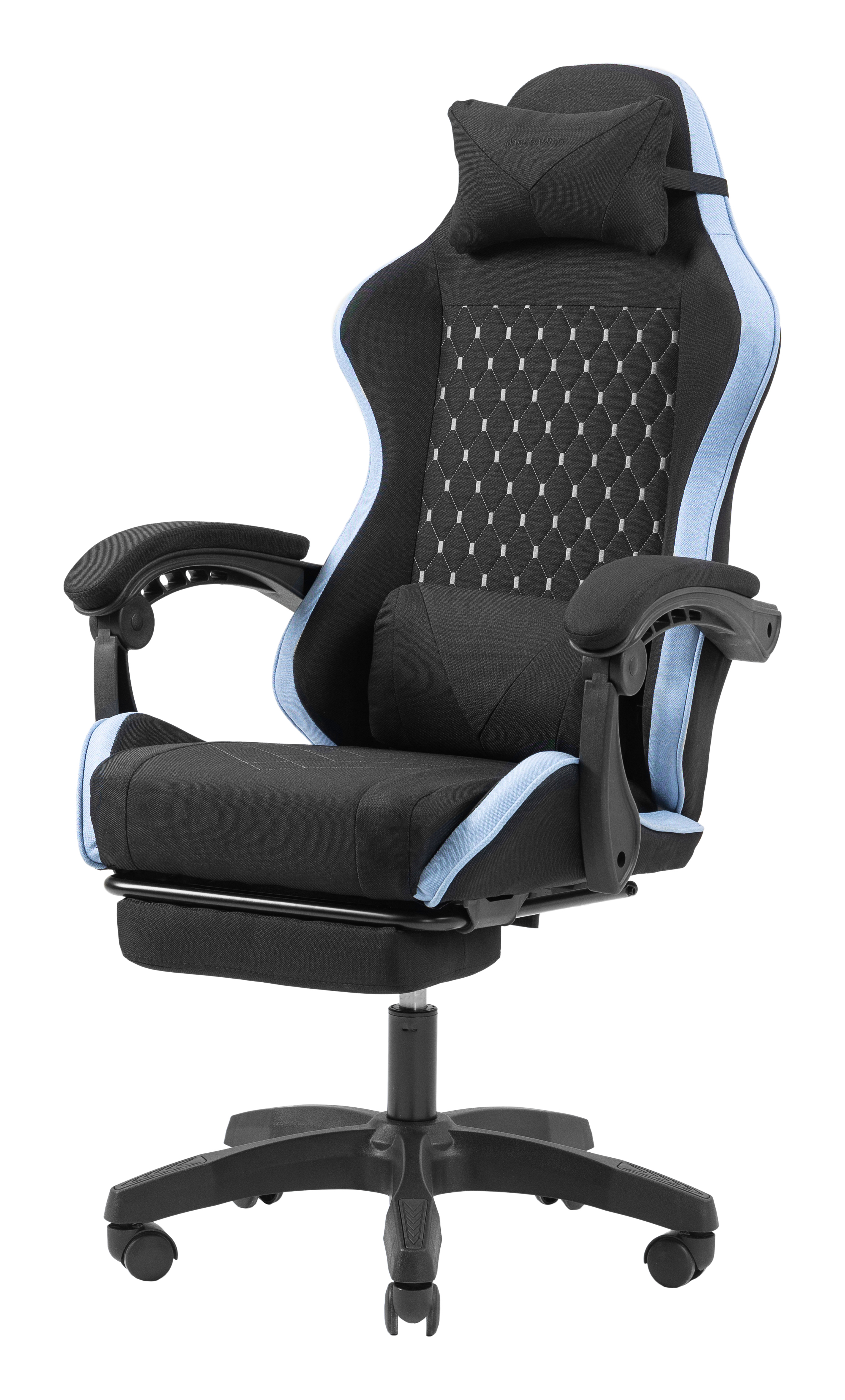 Silla gamer negra con detalles azules y cojines cervical y lumbar.