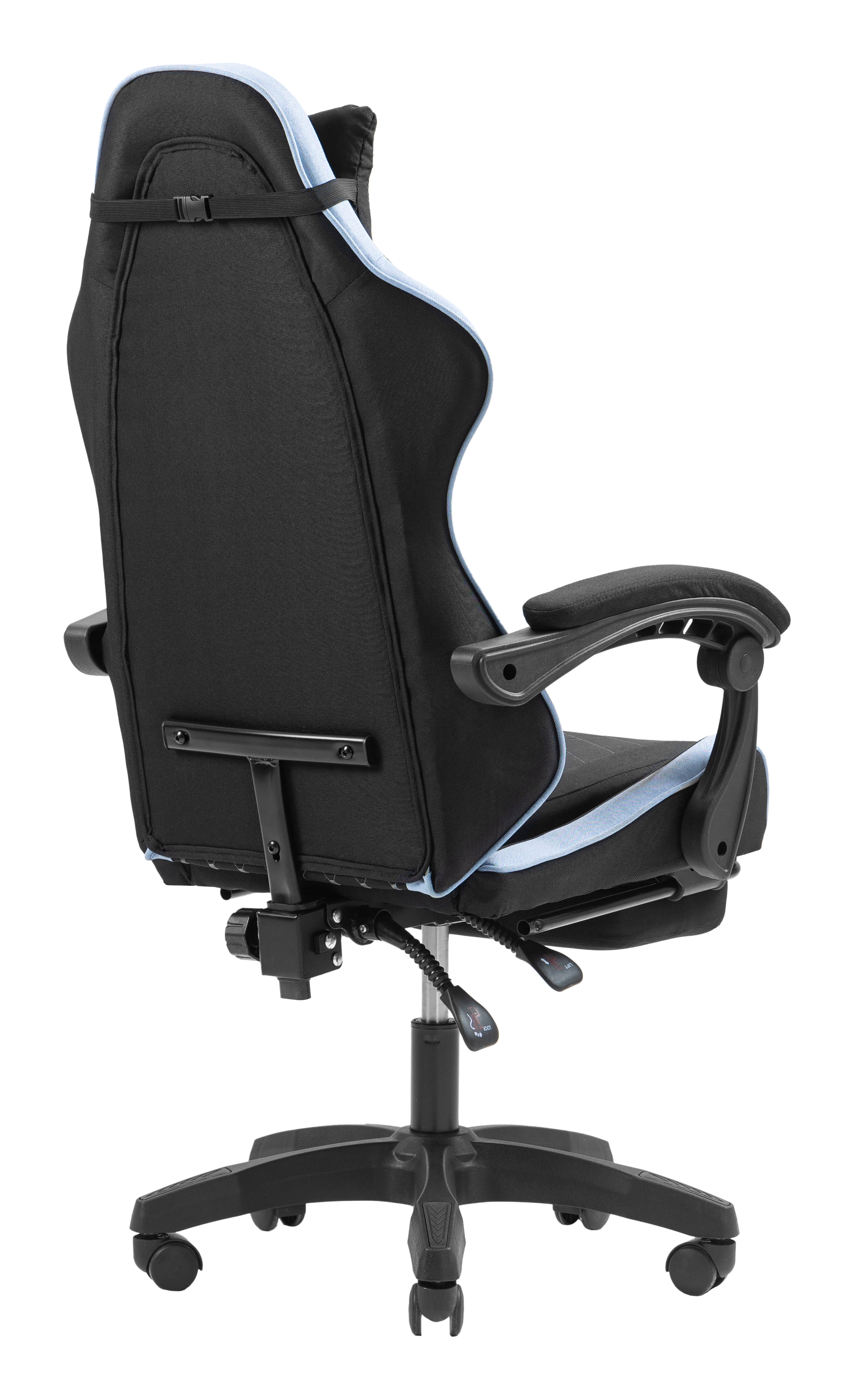 Silla gamer negra con detalles azules, vista de lado.