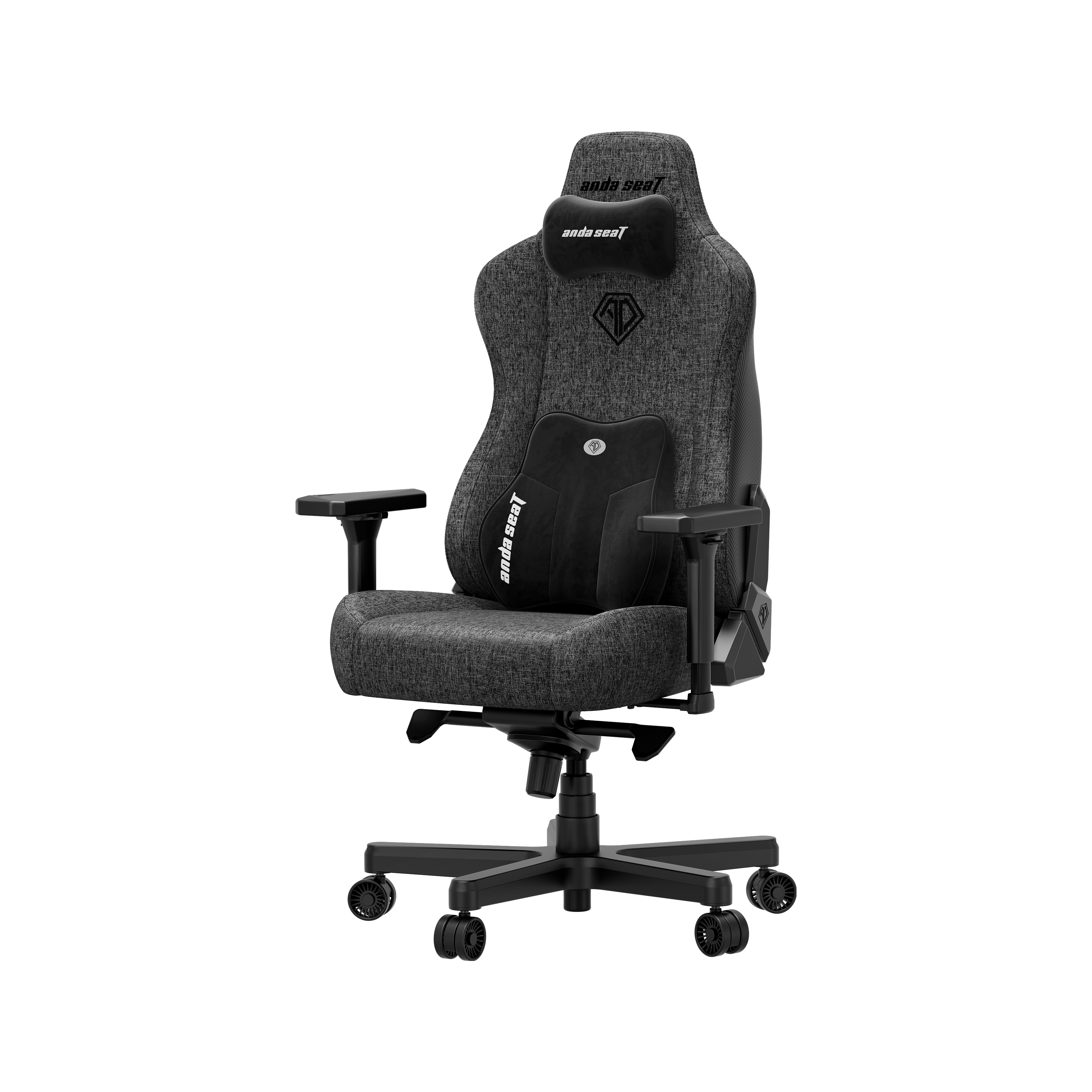 Sedia da gaming grigia in tessuto con accenti neri, cuscini collo e lombari.