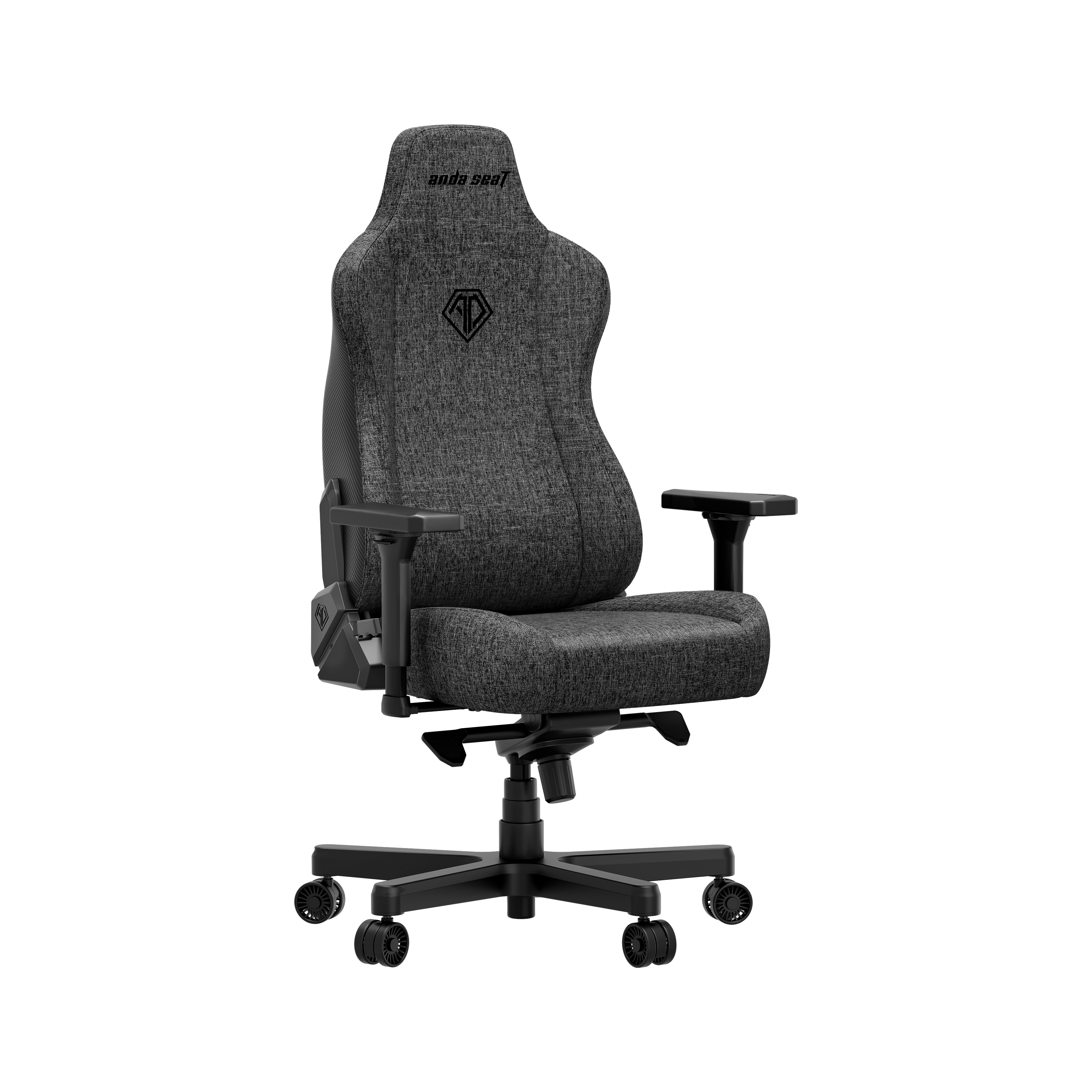 Una sedia da gaming grigia in tessuto con base e ruote nere.