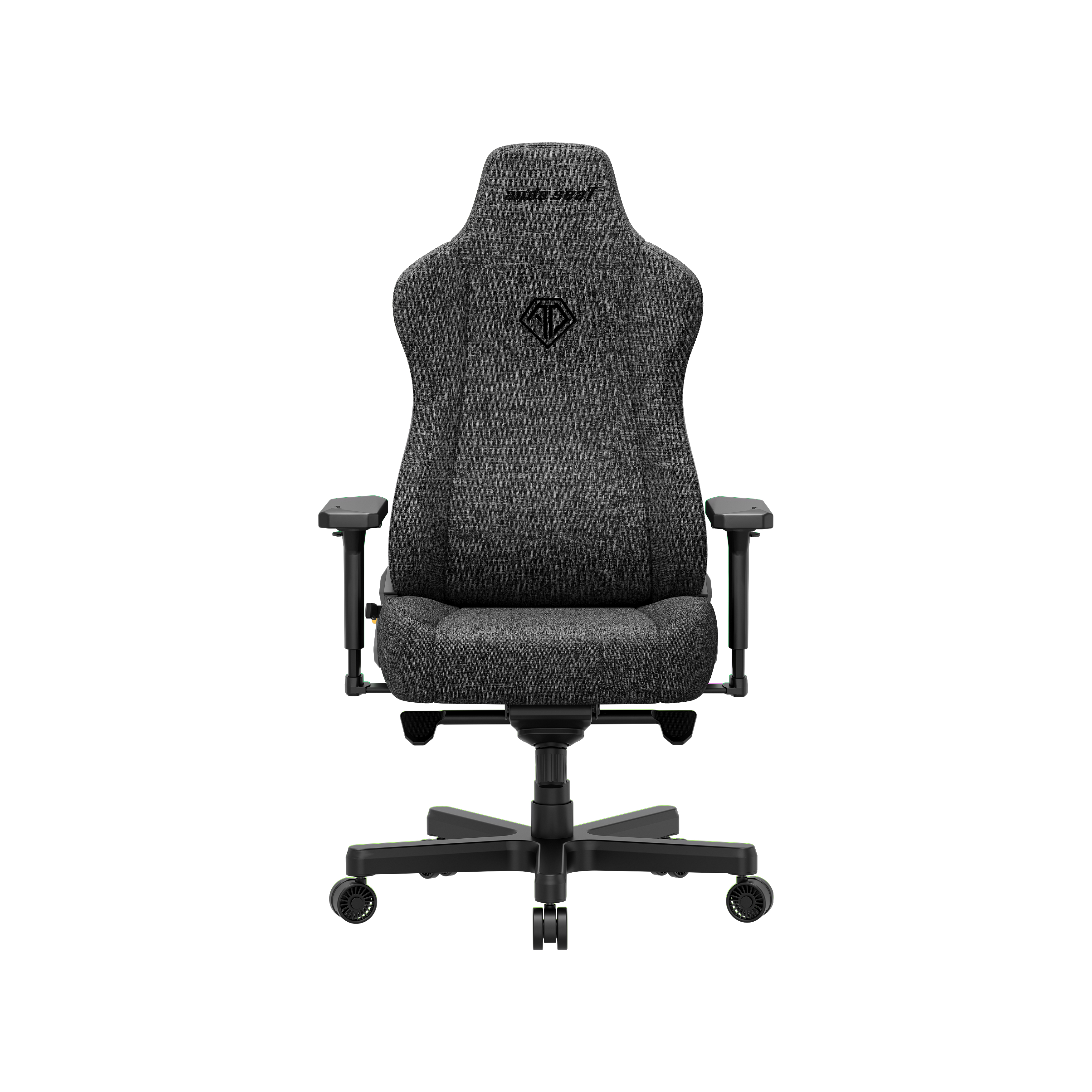 Sedia gaming grigia in tessuto con braccioli e ruote. Logo sullo schienale.