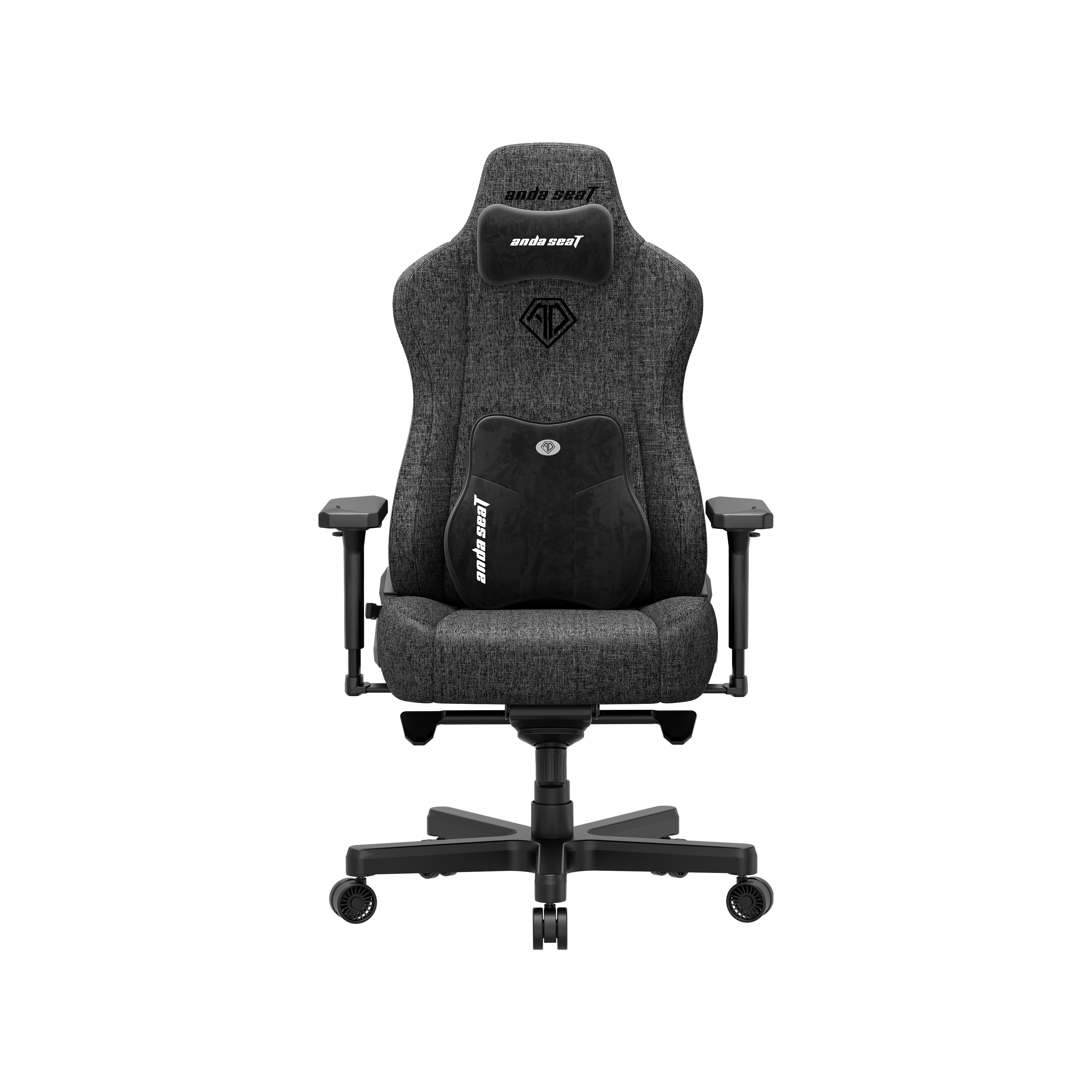 Sedia da gaming grigia con supporto lombare e poggiatesta, vista frontale.
