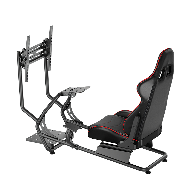 Ein schwarzer Rennsimulator-Stuhl mit TV-Halterung und Rad-/Pedalständer.