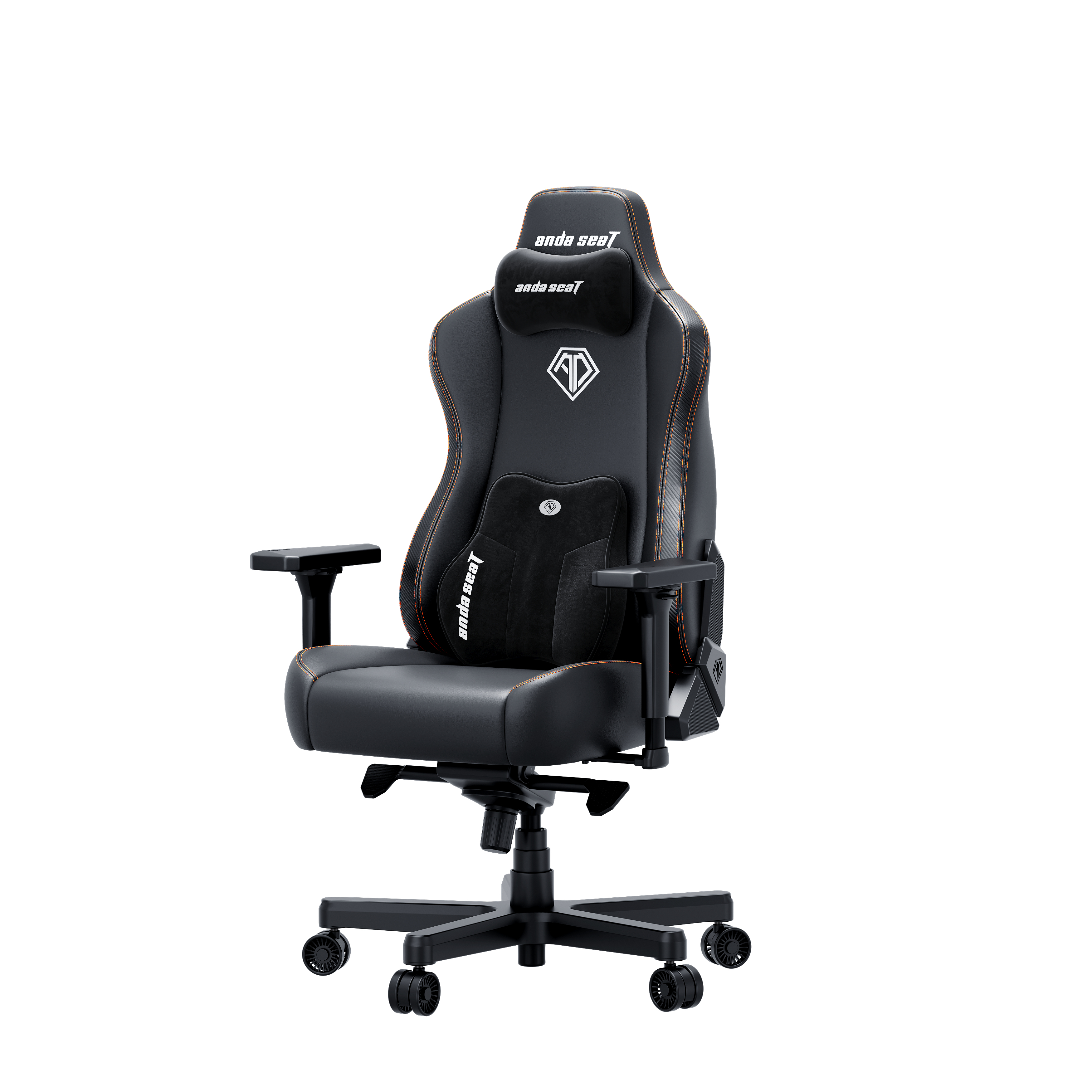 Una sedia da gaming nera con braccioli regolabili e cuscino lombare.