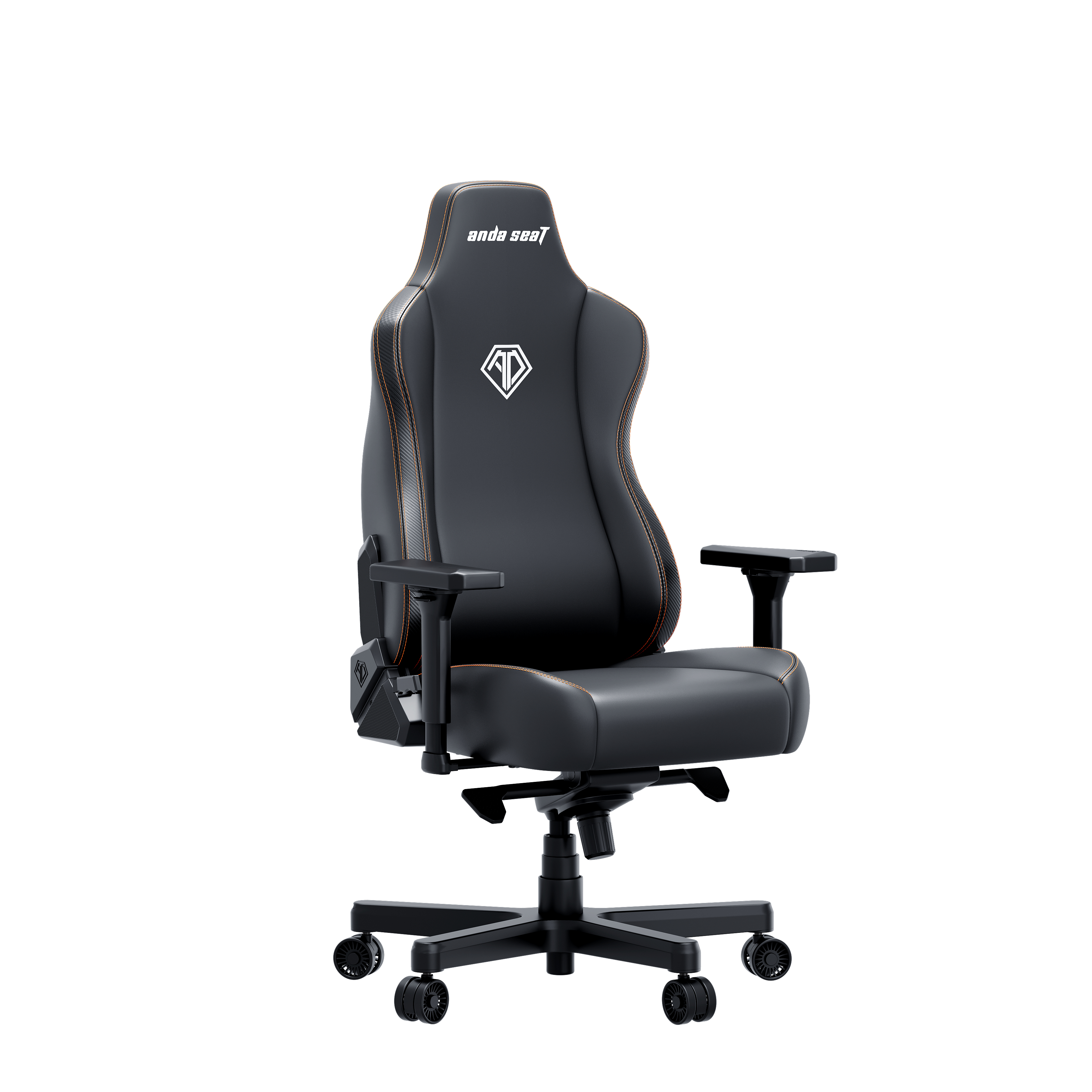 Una sedia da gaming nera con cuciture arancioni, logo e braccioli.