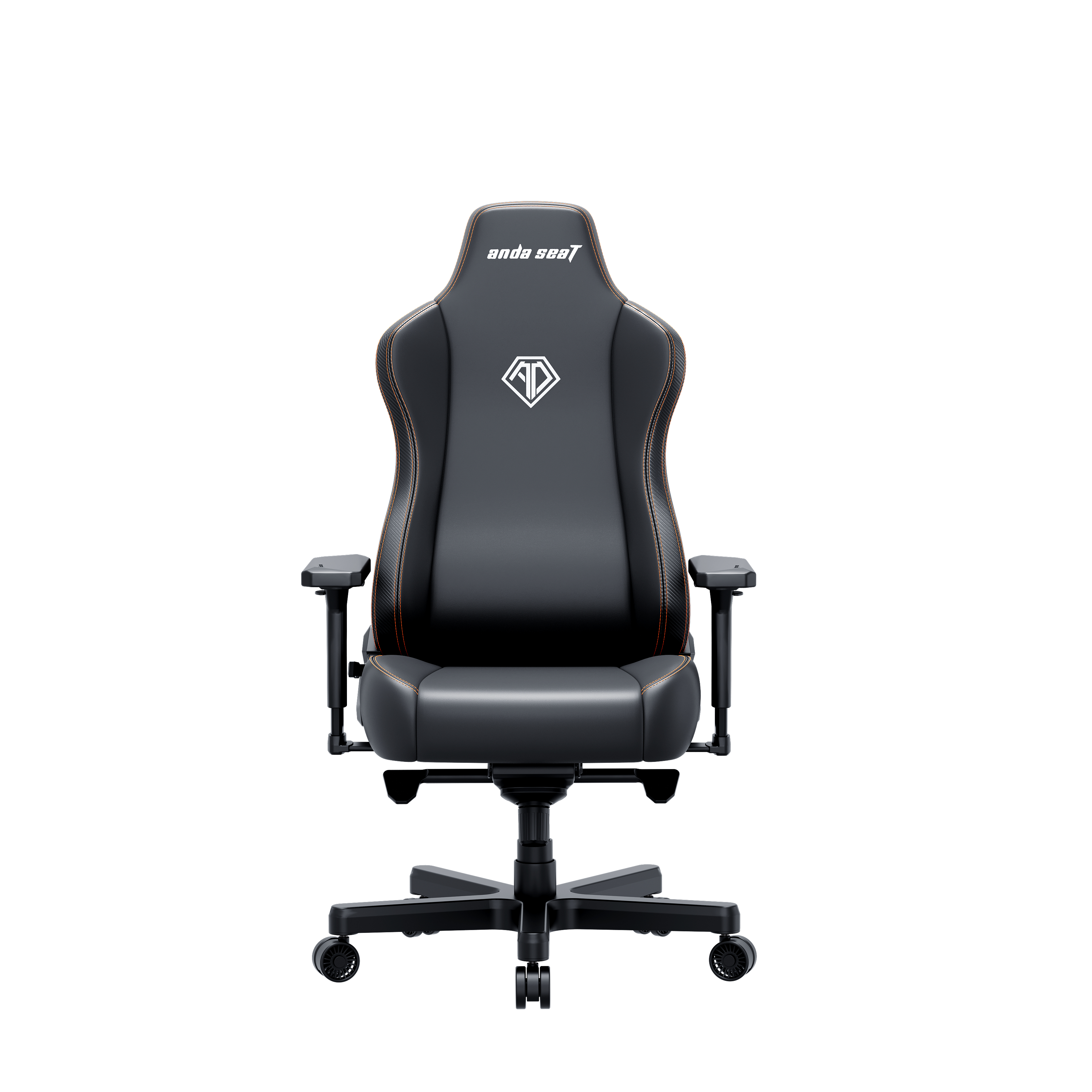 Una sedia da gaming nera con cuciture arancioni e un logo sul poggiatesta.