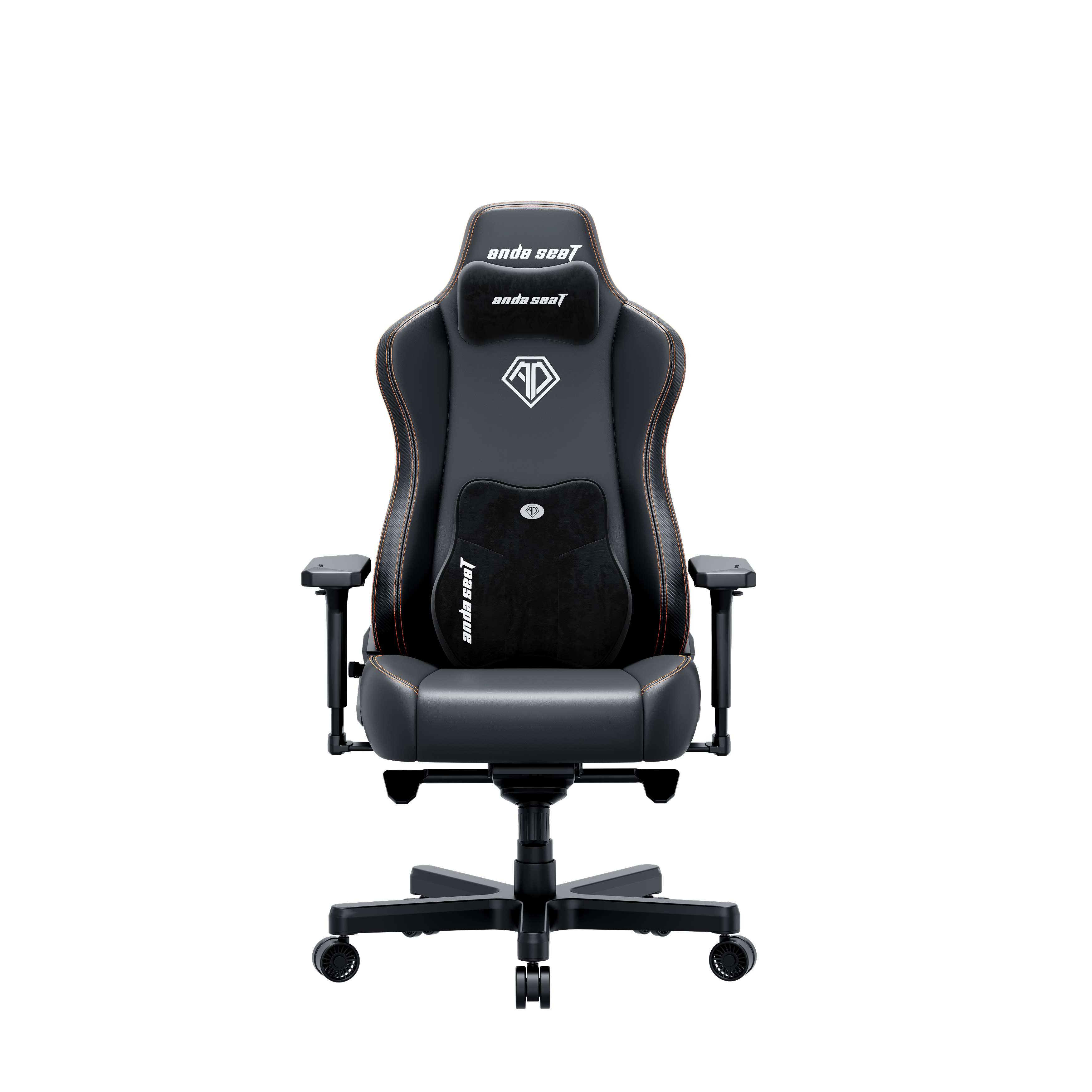 Sedia da gaming nera con poggiatesta e cuscino lombare, cuciture e logo arancioni.