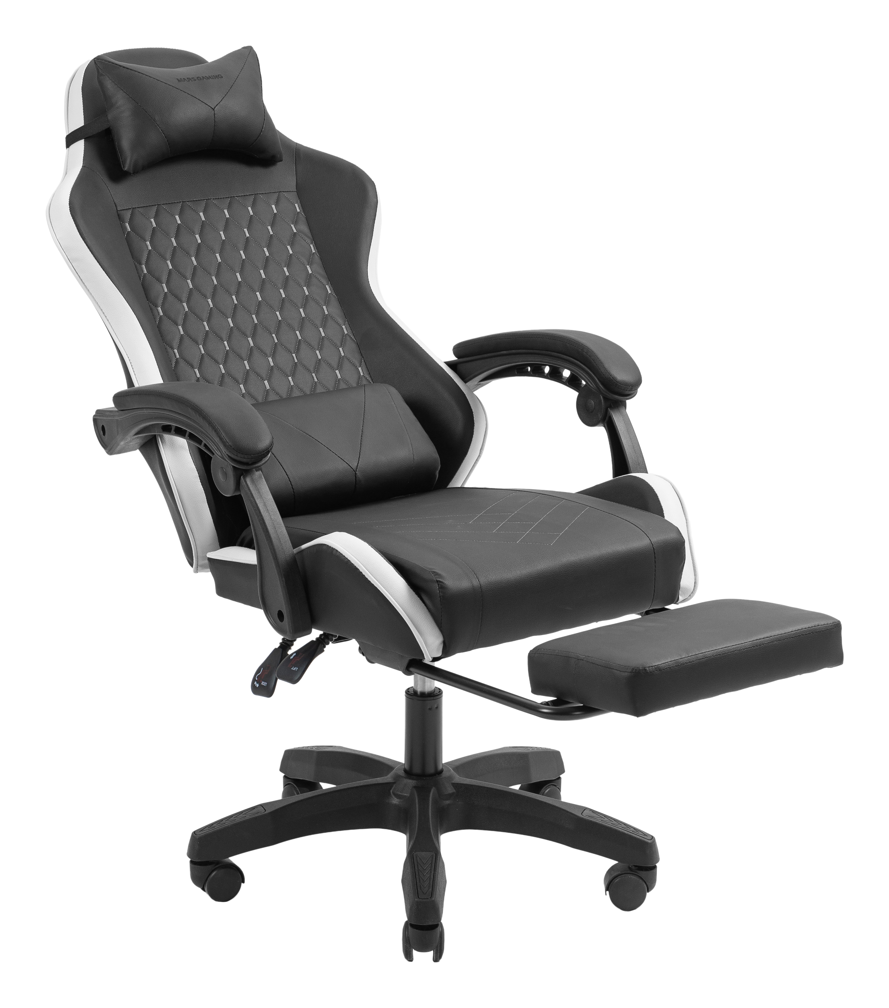 Silla gamer negra con detalles blancos, reposacabezas, cojín lumbar y reposapiés retráctil.