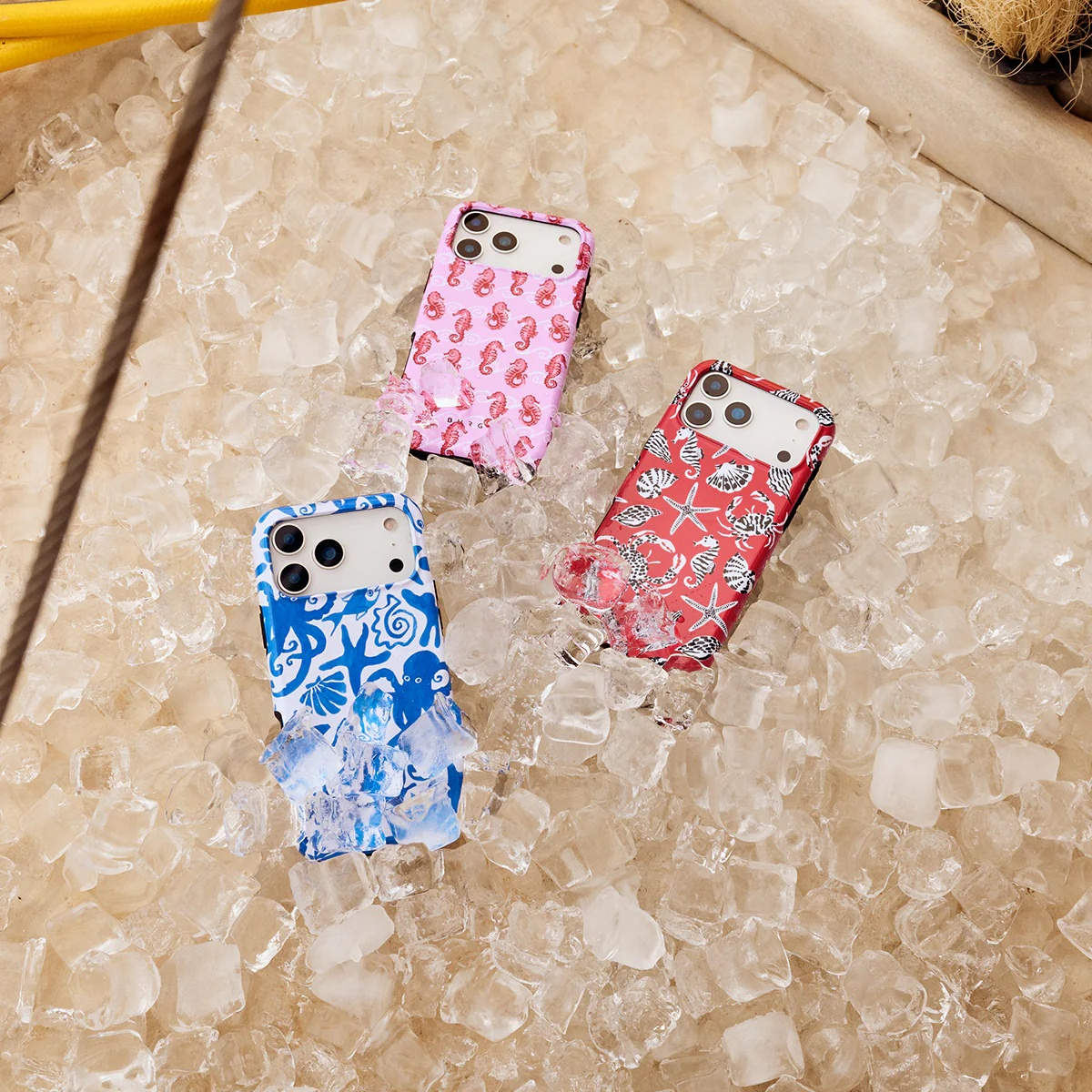 Three phone cases with sea motifs on ice. Pink with seahorses, red with shells, blue with starfish.