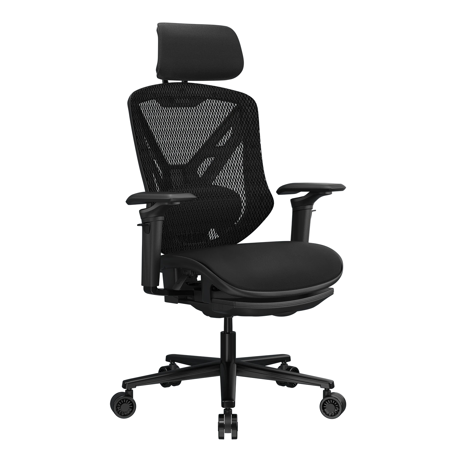 Silla de oficina ergonómica negra con respaldo de malla, brazos ajustables y reposacabezas.
