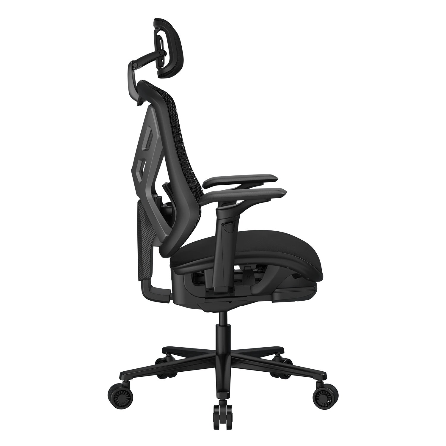 Silla de oficina ergonómica negra con respaldo de malla, reposacabezas y brazos.