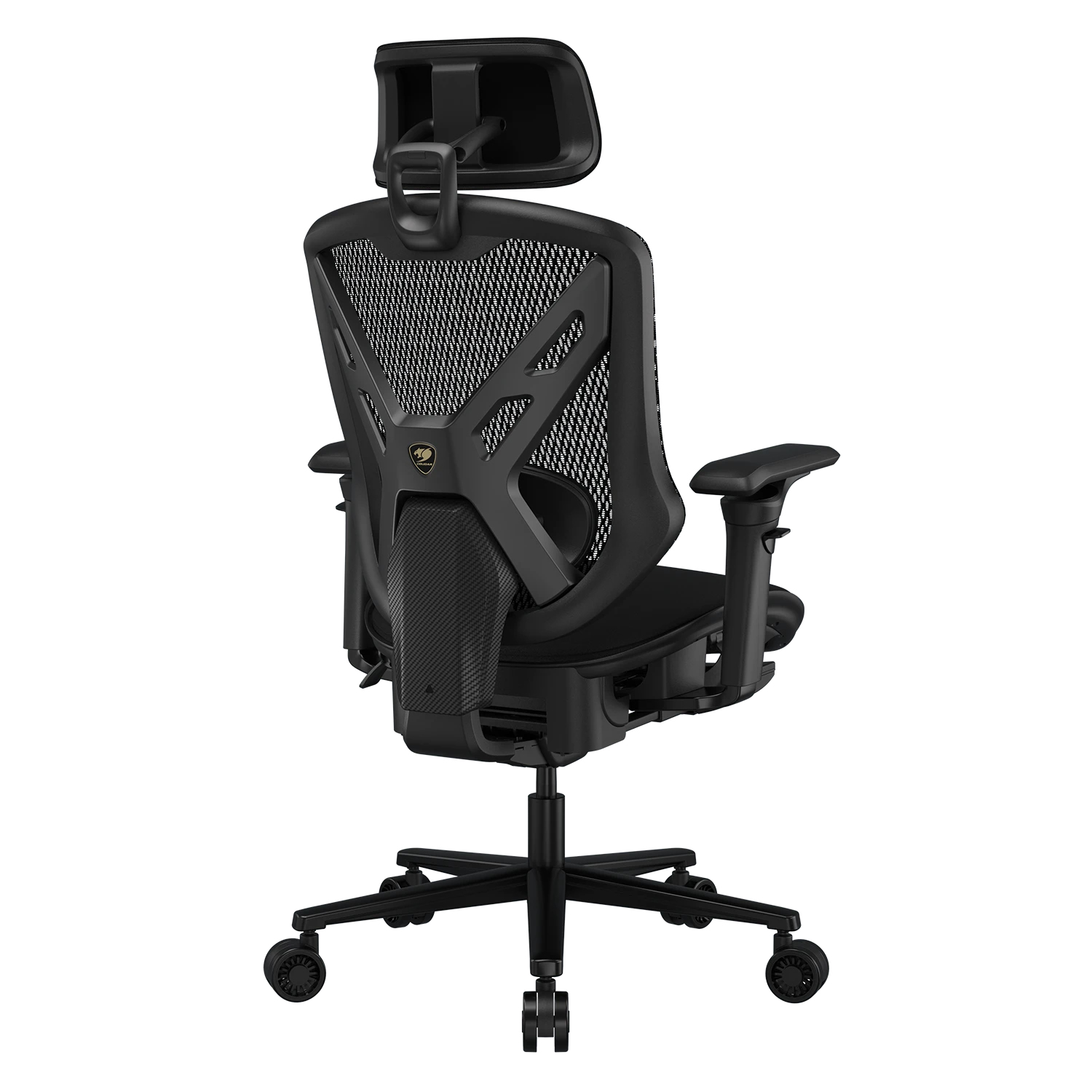 Silla gamer negra con respaldo de malla, reposacabezas y reposabrazos ajustables, con ruedas.